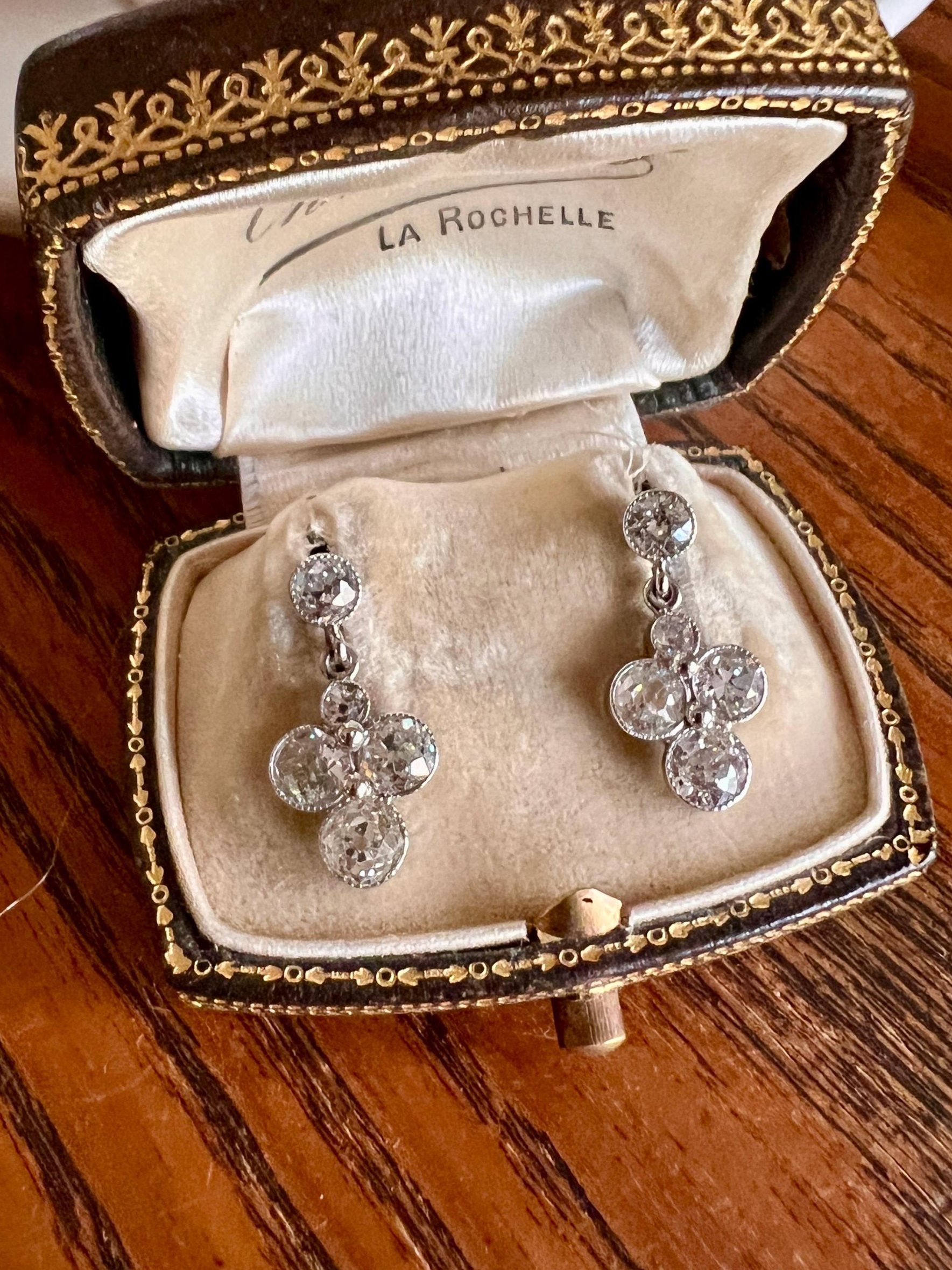 French Antique 3.5 Carats Old Mine Cut DIAMOND Cluster Dangle Earrings 18k White Gold Bright Art Deco Quatrefoil Milgrain Bridal 3.5Ctw OMC