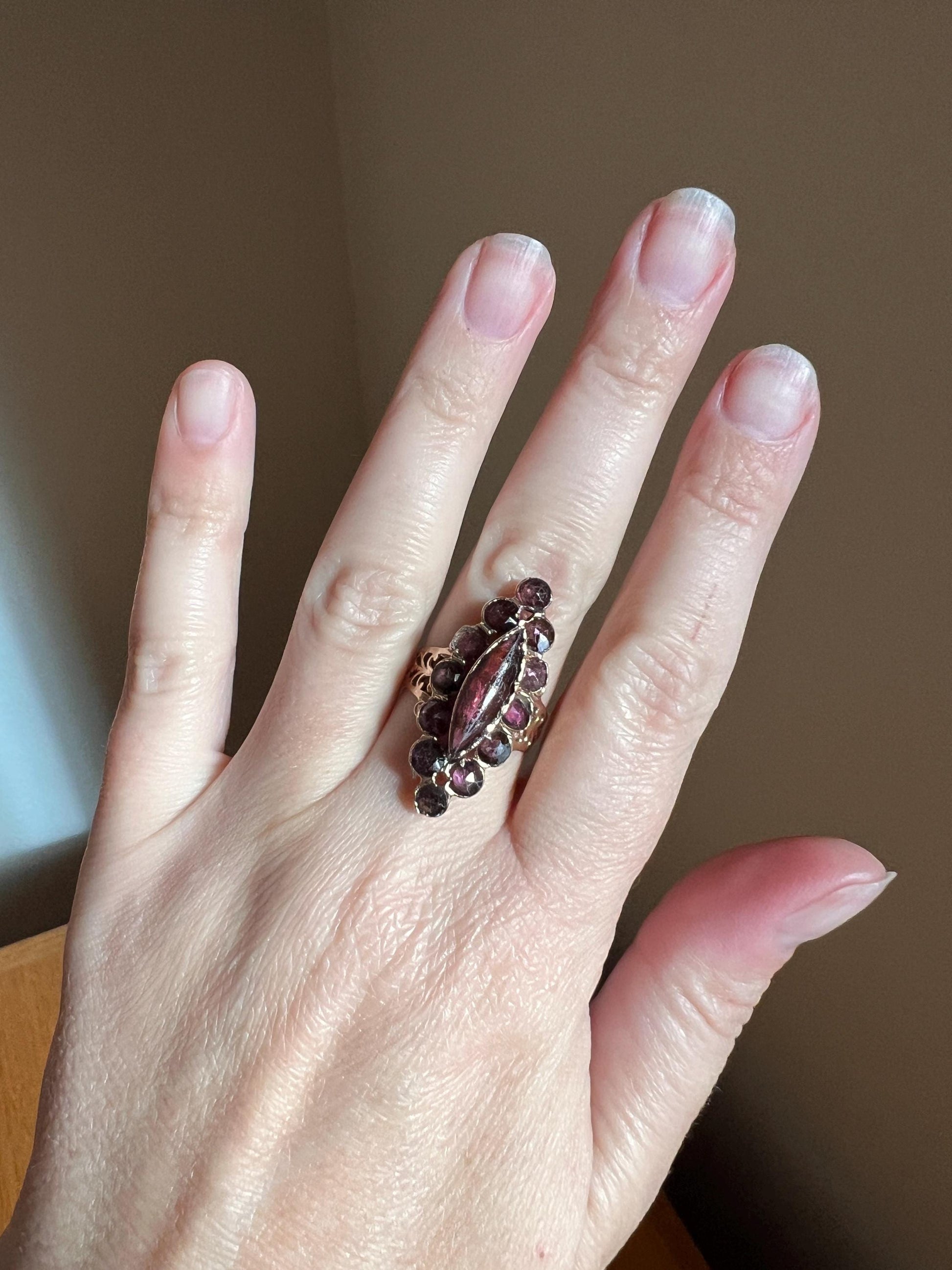 LARGE Perpignan GARNET Navette French Georgian Antique Rose Cut Cluster Ring 18k Gold Romantic Gift Stacker Belle Epoque Pink Purple Glow