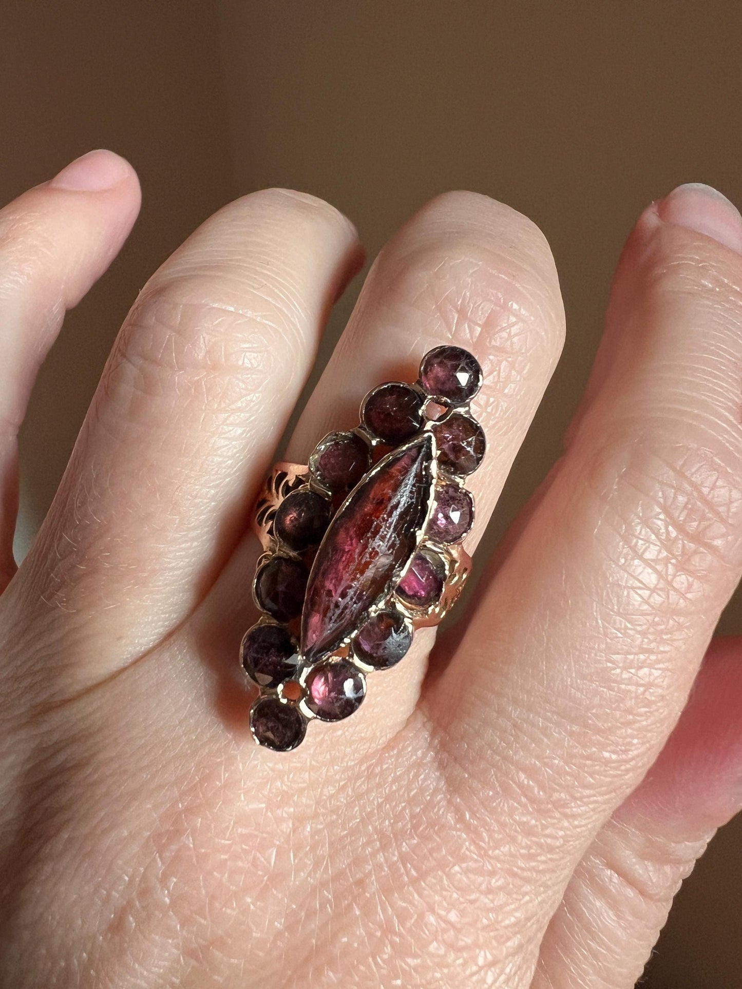 LARGE Perpignan GARNET Navette French Georgian Antique Rose Cut Cluster Ring 18k Gold Romantic Gift Stacker Belle Epoque Pink Purple Glow