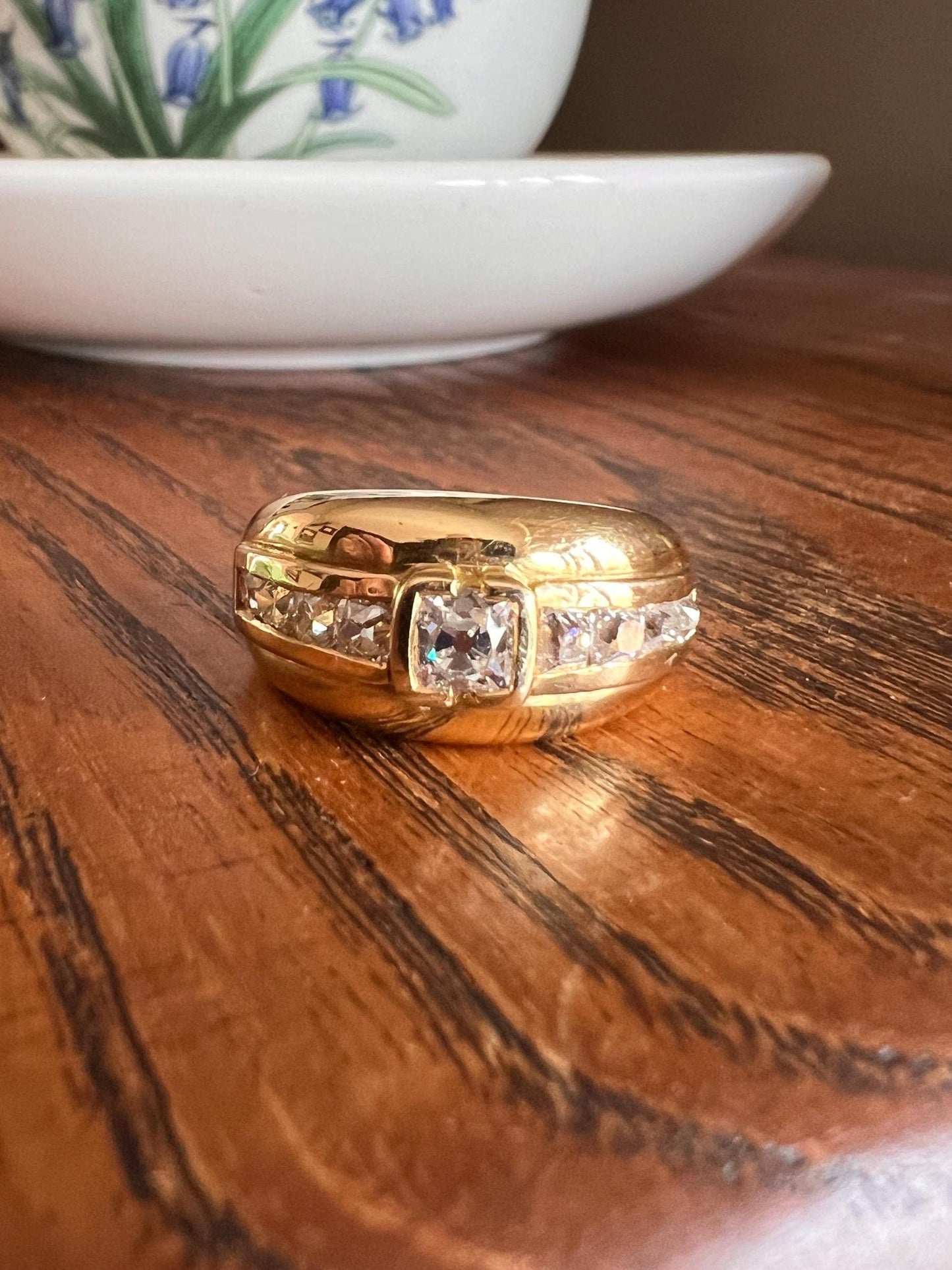 Chunky PERUZZI & Old Mine Cut Antique 1 Carat DIAMOND Gypsy Line Ring 9.6g 18k Gold HEAVY Vintage Setting Stacker 11mm Wide Band French OmC