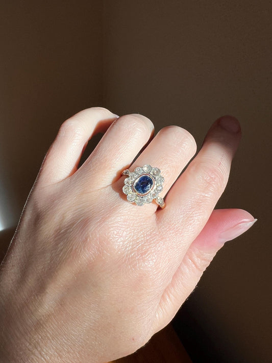 Natural SAPPHIRE French ANTIQUE 1 Carat Old Mine Cut DIAMOND Halo Ring 18k Gold Platinum Blue Green Round Victorian Belle Epoque Stacker OmC