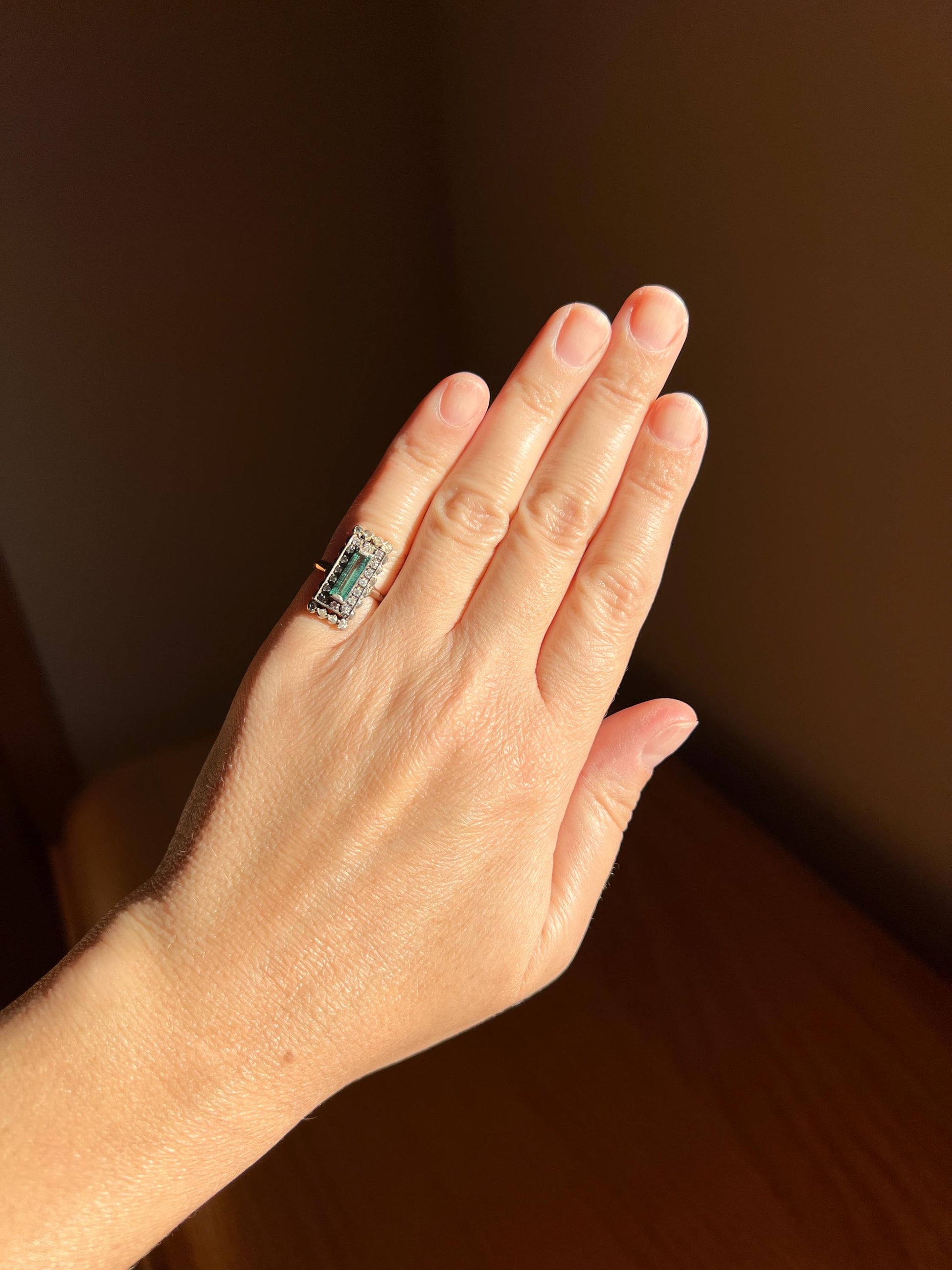 VICTORIAN Antique Emerald Cut Blue Green Tourmaline .5 Carat Rose & Single Cut Diamond Halo Panel Ring 14k Gold Pinky French Belle Epoque