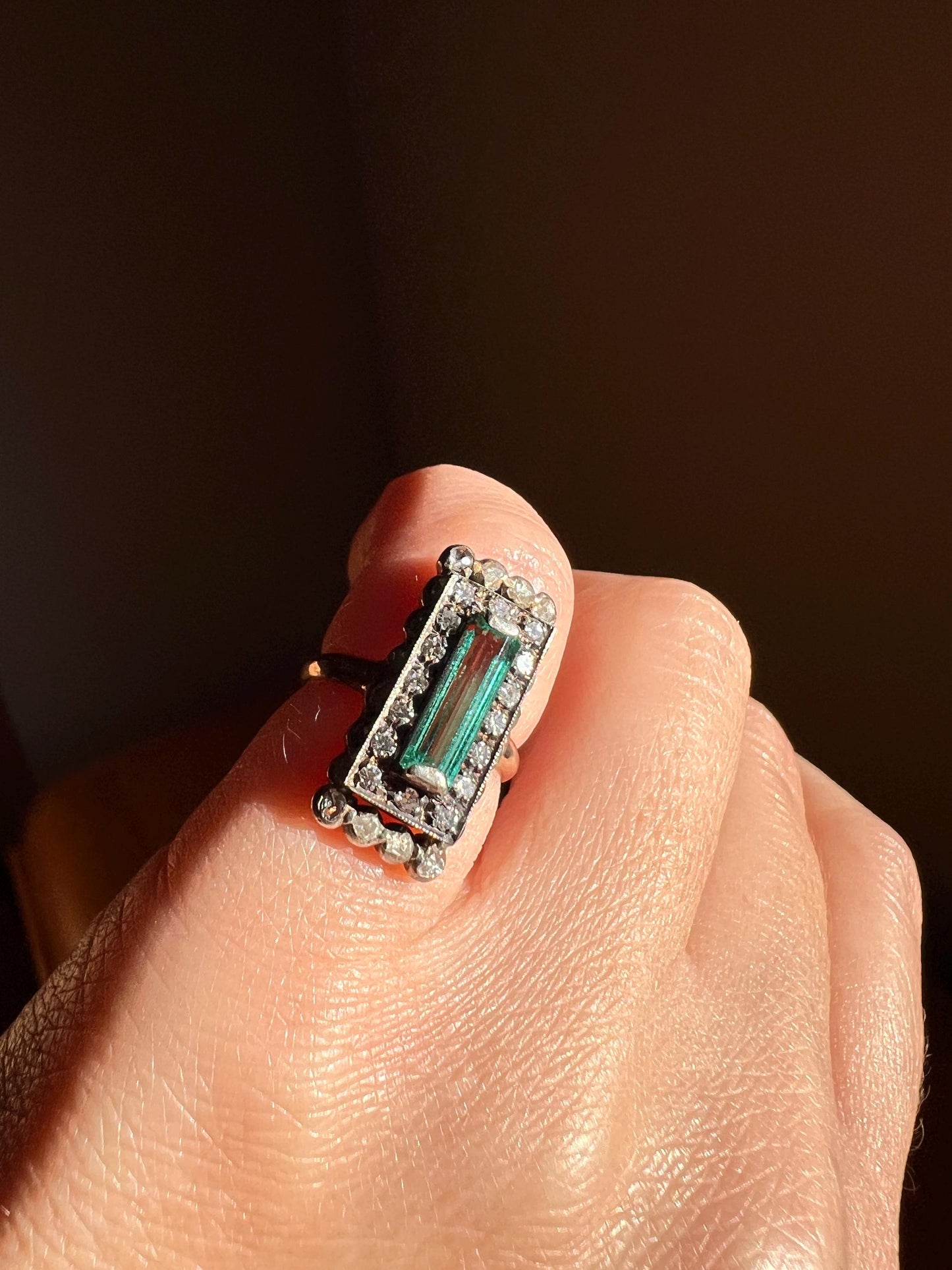 VICTORIAN Antique Emerald Cut Blue Green Tourmaline .5 Carat Rose & Single Cut Diamond Halo Panel Ring 14k Gold Pinky French Belle Epoque