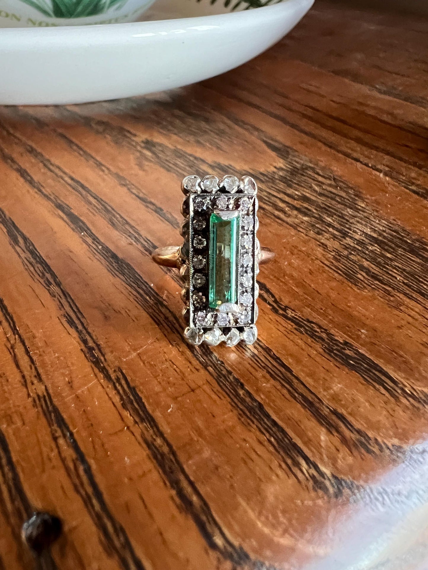 VICTORIAN Antique Emerald Cut Blue Green Tourmaline .5 Carat Rose & Single Cut Diamond Halo Panel Ring 14k Gold Pinky French Belle Epoque