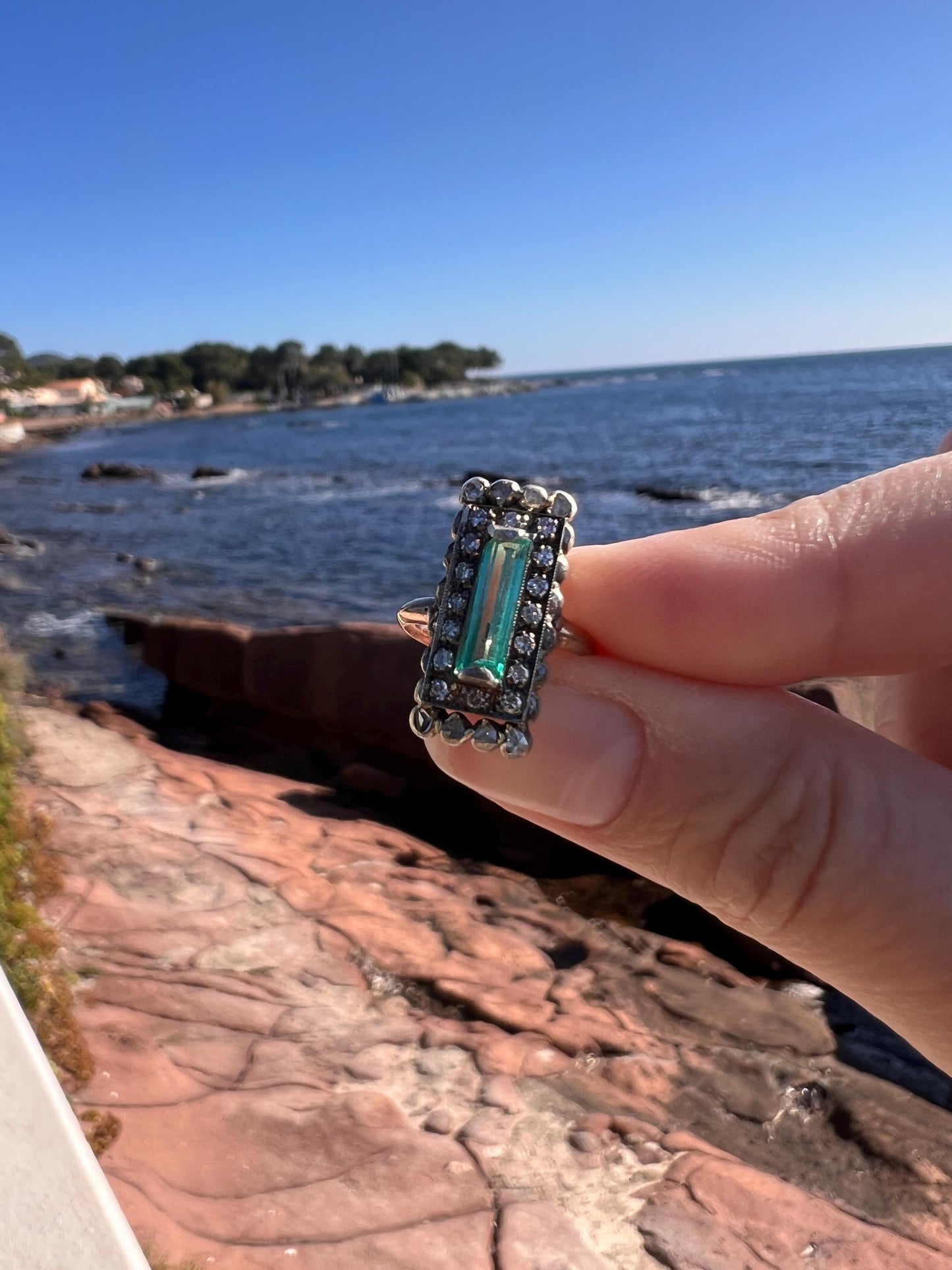 VICTORIAN Antique Emerald Cut Blue Green Tourmaline .5 Carat Rose & Single Cut Diamond Halo Panel Ring 14k Gold Pinky French Belle Epoque