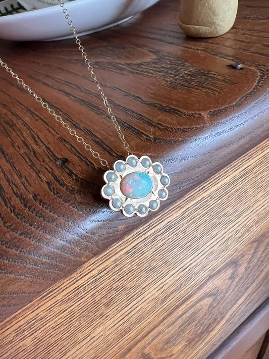Large OPAL Pearl Halo Slider Charm Pendant on Chain Gold Fill Geometric Dainty Slide Ornate Blue Glowing Victorian Minimalist Gift Neckstack