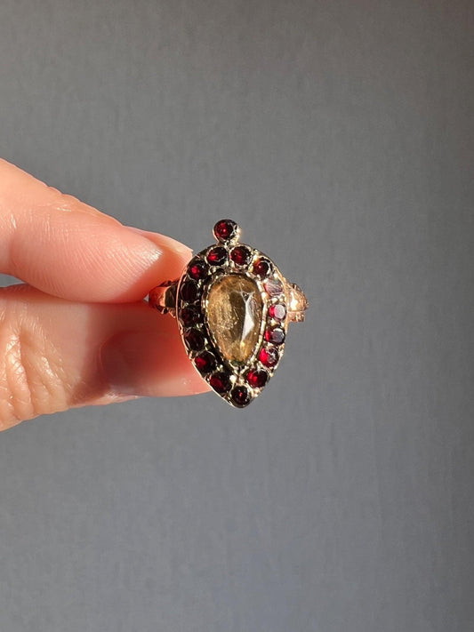 CROWNED HEART Antique GEORGIAN Era Foiled Citrine Flat Cut Garnet Halo 14k Gold Ring Romantic Figural Stacker Band Gift Holiday Victorian