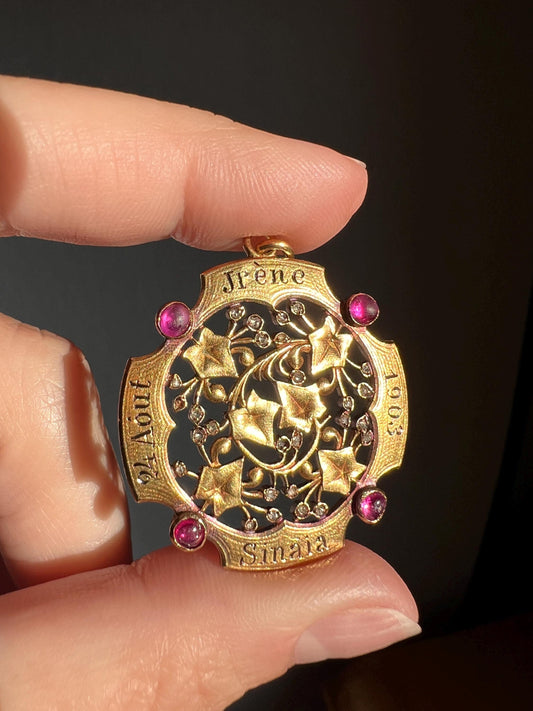 HEAVY Antique DATED 1903 IVY Rose Cut Diamond Ruby Figural Pendant Exceptional French Medallion 9g 18k Gold Solid Belle Epoque Engraved Vine