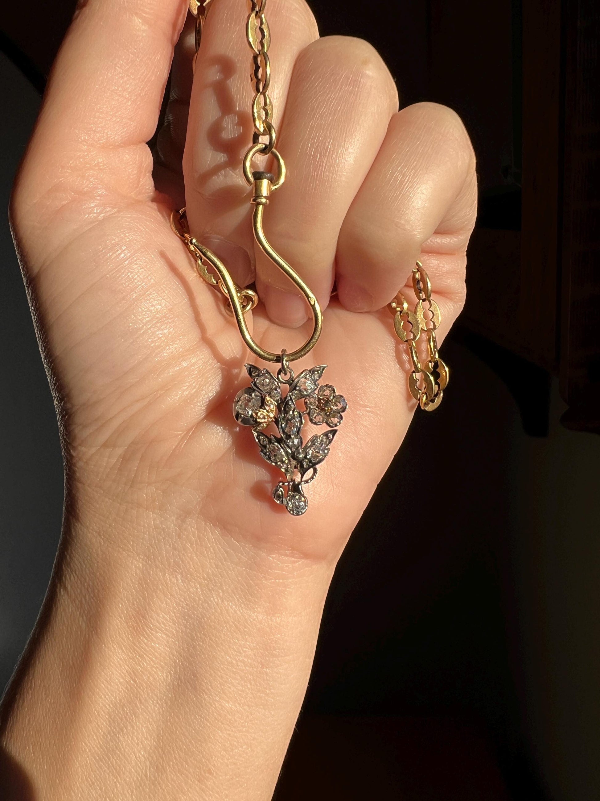 FLOWERS BOUQUET Victorian ANTIQUE 1 Carat Old Mine Peruzzi Cut Floral Figural Pendant 18k Gold Silver Chunky Giardinetti Forget Me Not OmC