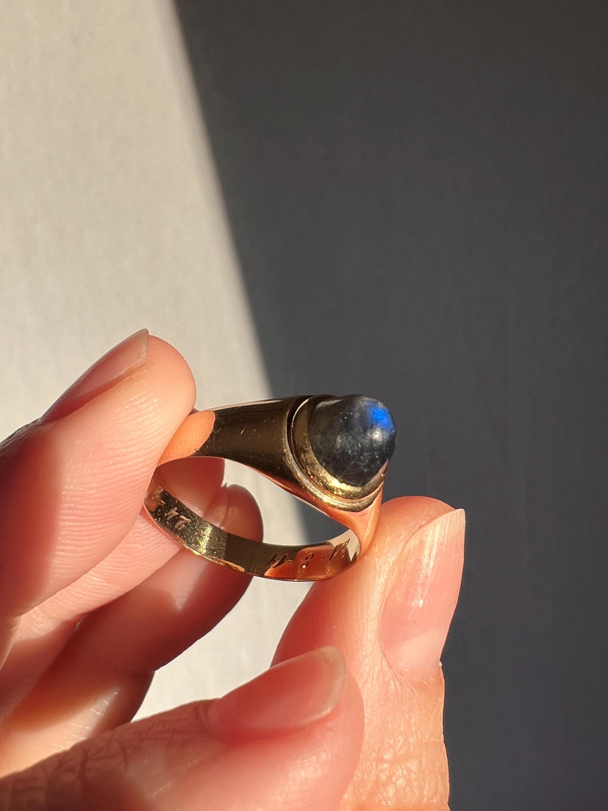 Glowing LABRADORITE Blue Sugarloaf DATED 1936 Art Deco Ring Vintage Gypsy Band Solitaire Unisex Man Tall Stacker Rare Antique Orb Aura Glow