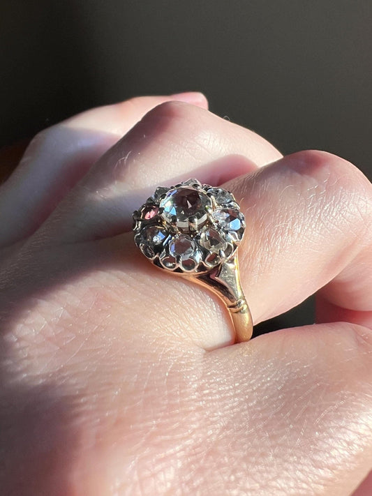 ANTIQUE 1 CARAT Rose Cut DIAMOND Eye Clean Ctr Daisy Cluster Ring French Victorian Era 18k Gold Platinum Stacker Romantic Gift Belle Epoque