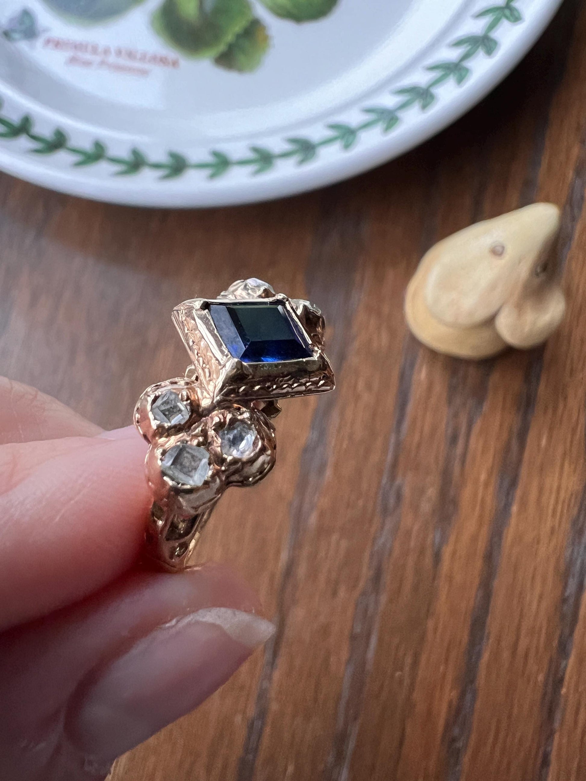 Antique Rose Table Cut DIAMOND Square Blue SAPPHIRE Seven Stone Ring Pie Crust Bezel Georgian Revival Victorian Stacker Band Romantic Gift