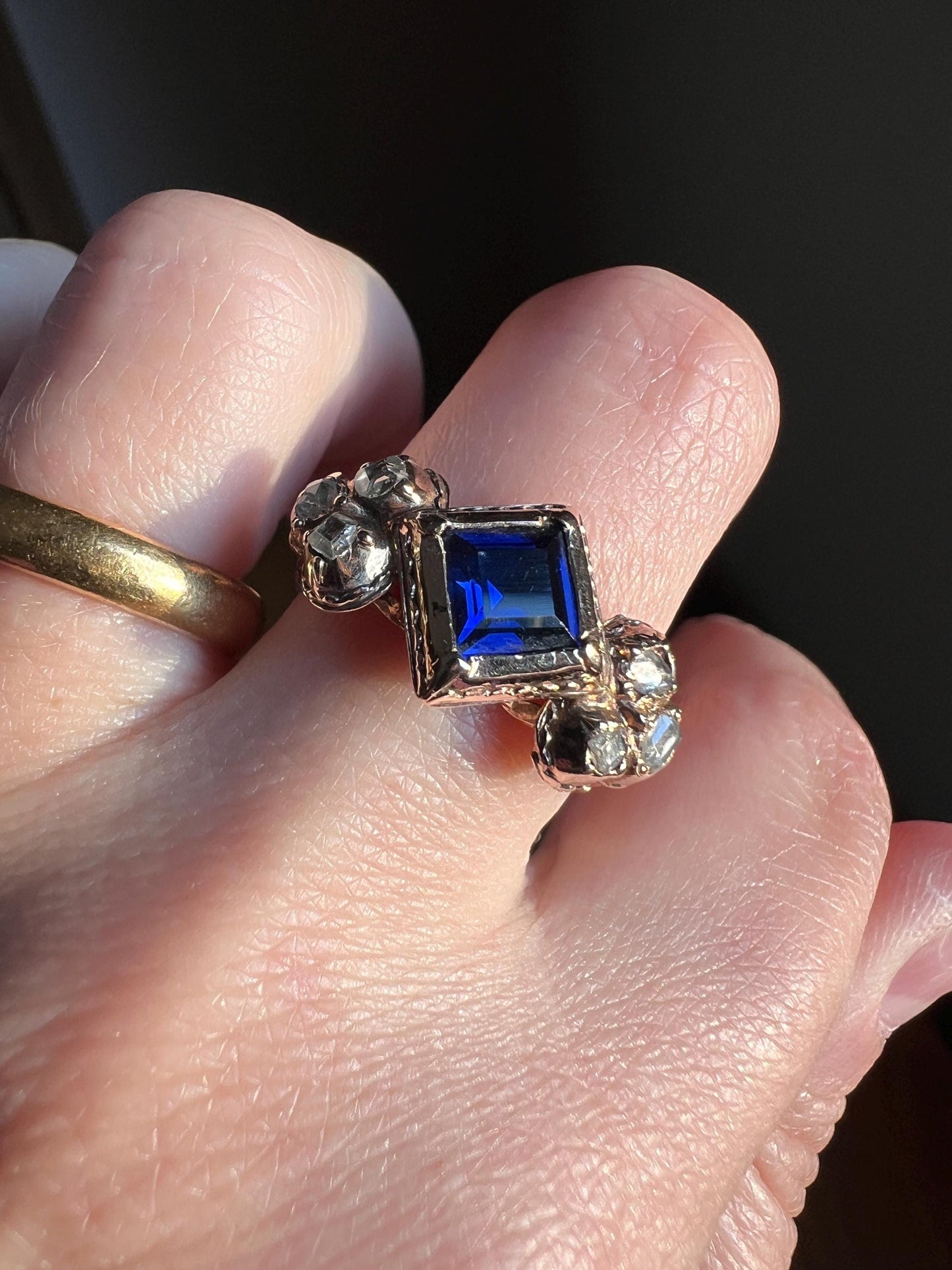 Antique Rose Table Cut DIAMOND Square Blue SAPPHIRE Seven Stone Ring Pie Crust Bezel Georgian Revival Victorian Stacker Band Romantic Gift