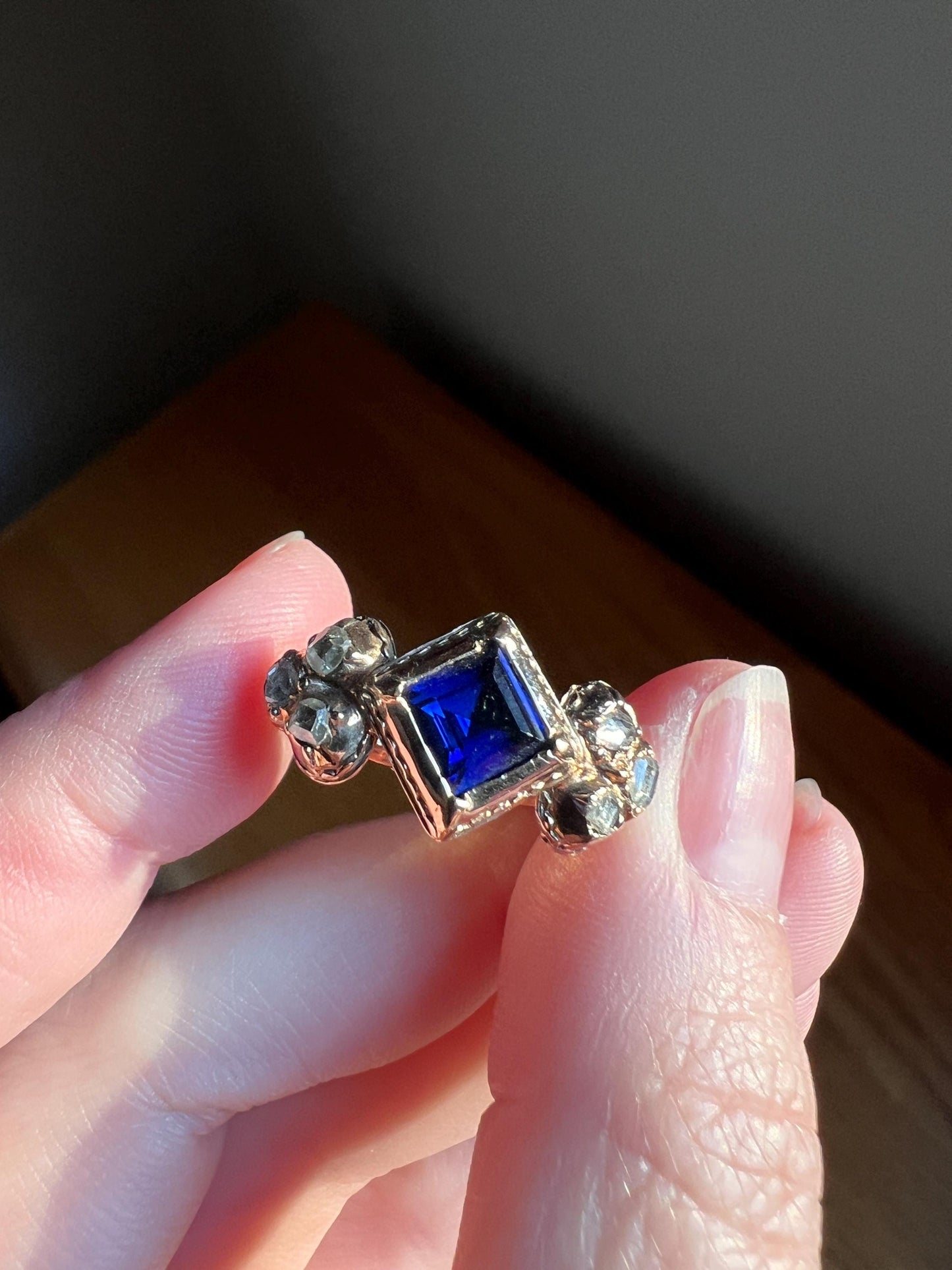 Antique Rose Table Cut DIAMOND Square Blue SAPPHIRE Seven Stone Ring Pie Crust Bezel Georgian Revival Victorian Stacker Band Romantic Gift