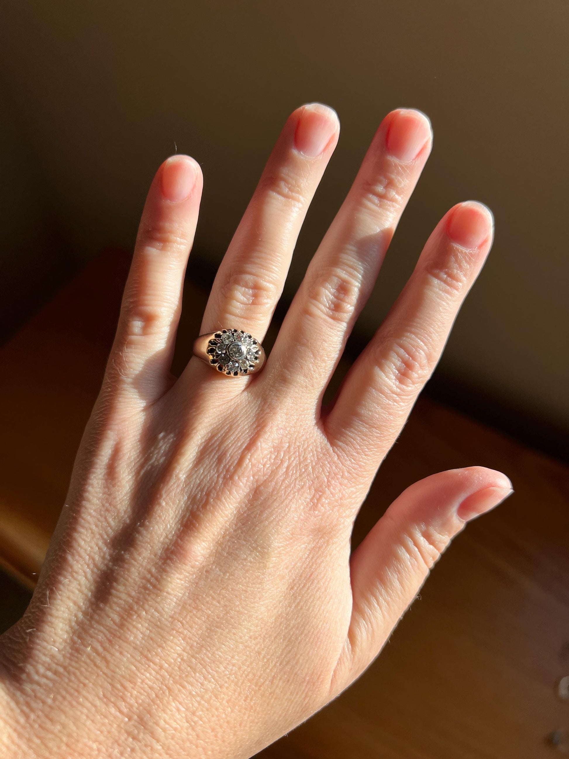 ANTIQUE .7 Carat Brilliant & Old Mine Cut DIAMOND Cluster Ring 7g 14k Gold Gift Stacker Band OMC Victorian Halo Buttercup Belcher Unisex