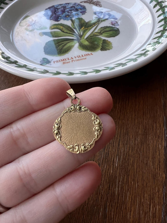 ROSE GARLAND Blank French Love Medal Art Nouveau Antique 18k Gold PENDANT Belle Epoque Charm Floral Romantic Gift Ready to Engrave Ornate