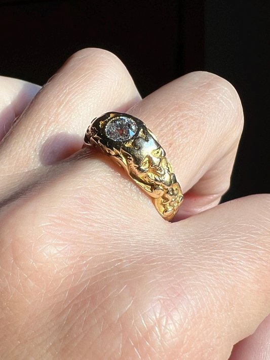 Handsome DEVIL Antique Old Mine Cut DIAMOND Ring 8g 18k Gold FACES Chunky Ring French Art Nouveau Figural 3D