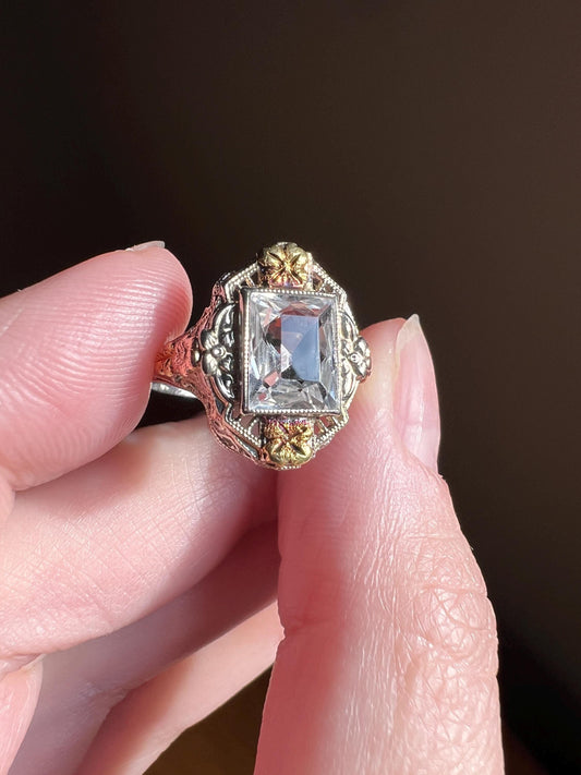 Ornate Filigree OSTBY Barton Ring ANTIQUE Pale Blue TOPAZ 10k Tricolor Gold Rose White Green Forget Me Not Titanic French Cut Gift Edwardian