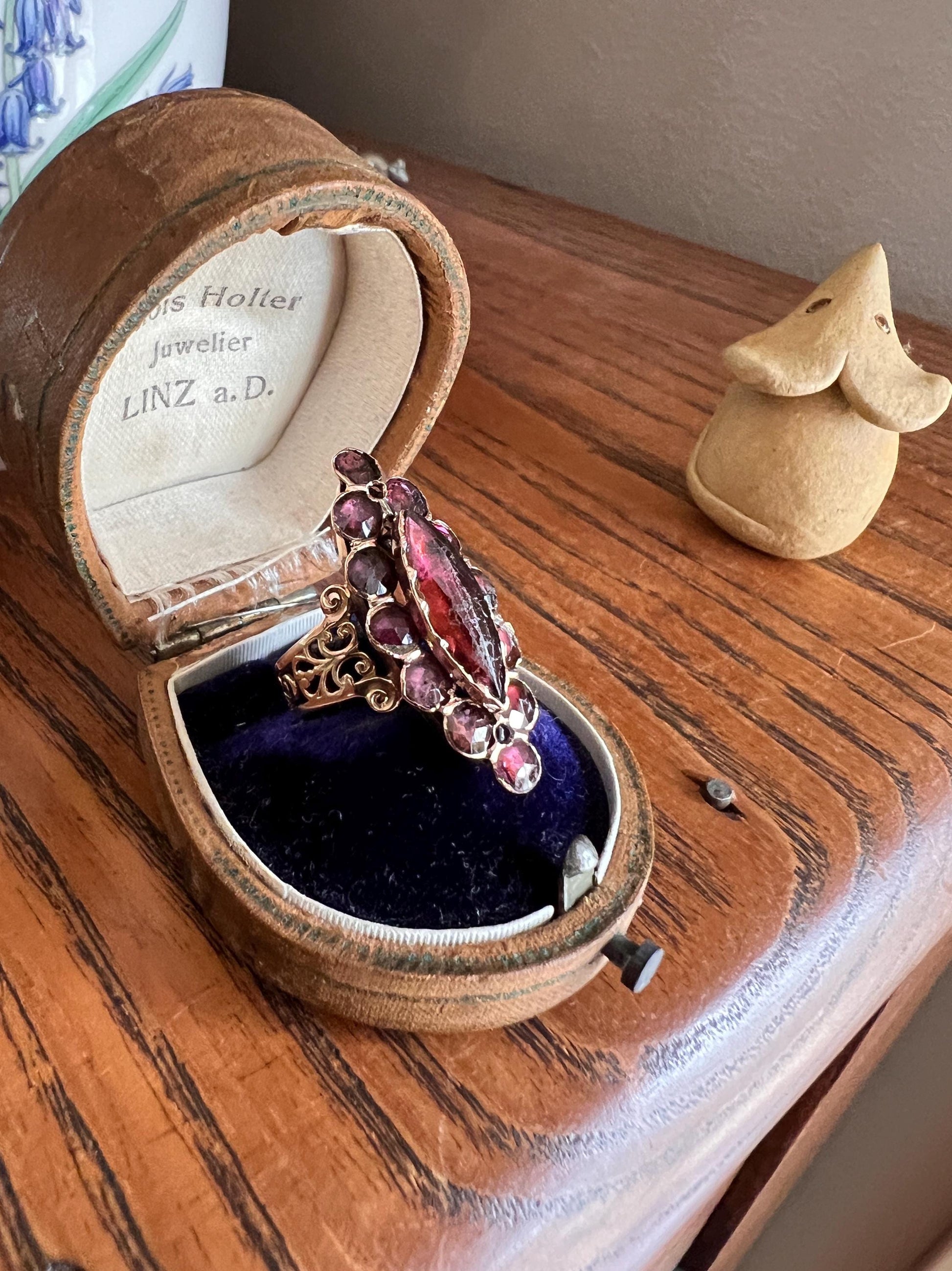 LARGE Perpignan GARNET Navette French Georgian Antique Rose Cut Cluster Ring 18k Gold Romantic Gift Stacker Belle Epoque Pink Purple Glow