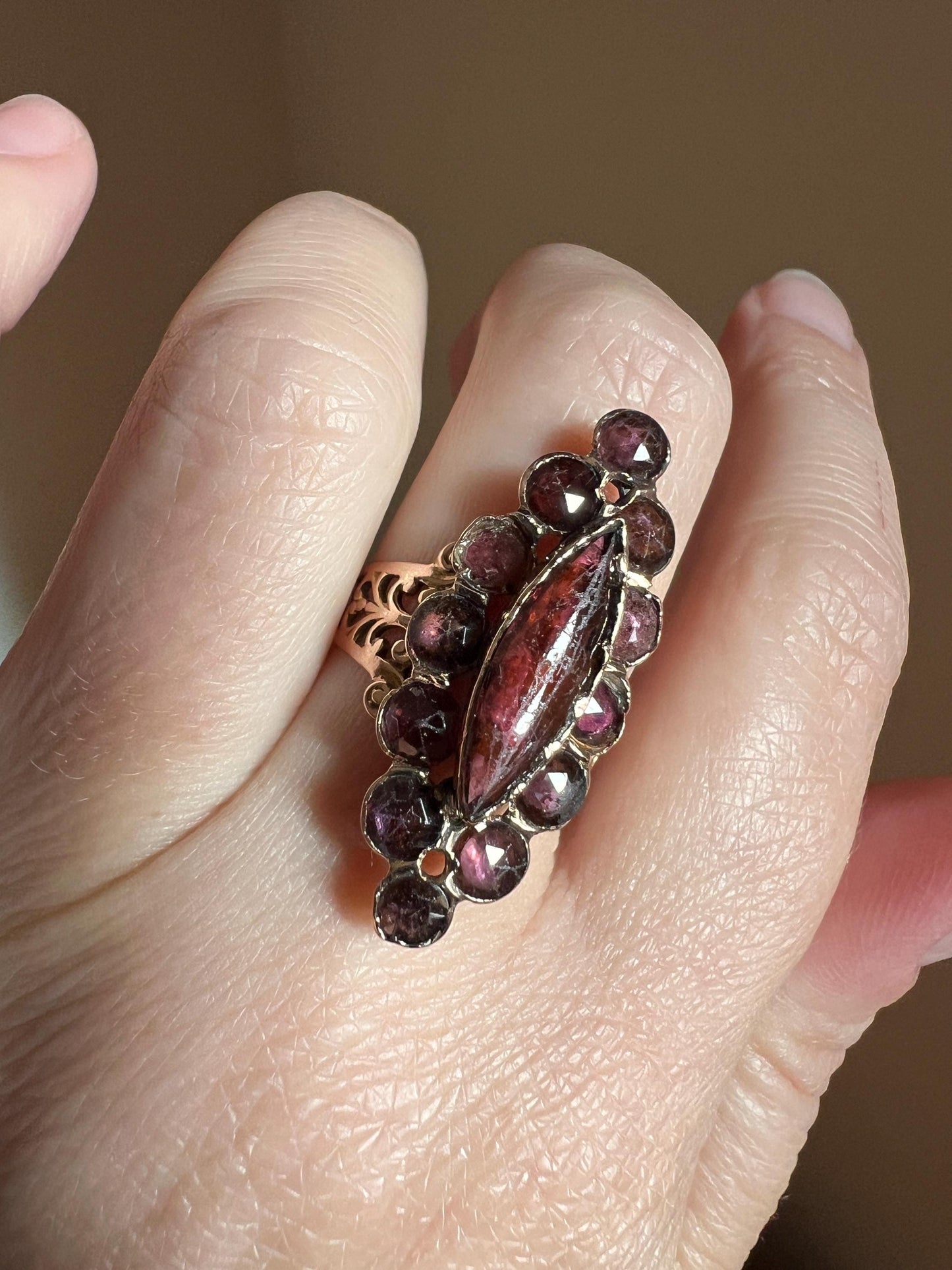 LARGE Perpignan GARNET Navette French Georgian Antique Rose Cut Cluster Ring 18k Gold Romantic Gift Stacker Belle Epoque Pink Purple Glow