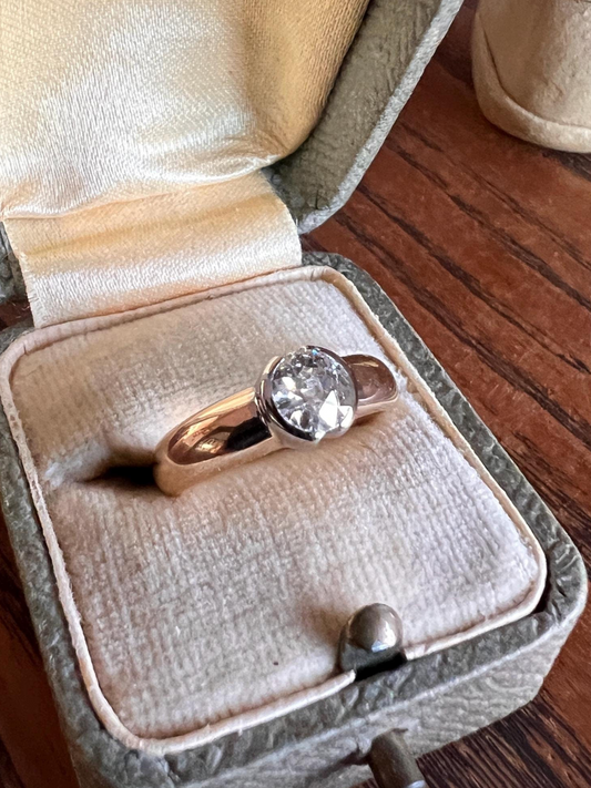 Vintage .6 Carat Antique Old Mine Cut DIAMOND French Art Deco Bezel Set Ring Stacker Band 18k Gold Solitaire