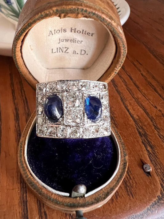 Mega 3.8 CARAT Old Mine Cut DIAMOND Two Sugarloaf Sapphire XL Heavy French Vintage 18k Gold Platinum Tank Ring Chunky Blue Sparkle Statement