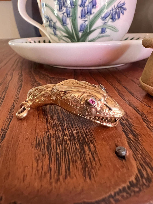 Smiling SNAKE Large Victorian Antique Pendant Figural TEETH! 5.2g 18k Gold Solid French Swivel w/ Dog Clip Connector Engraved Head Ruby Eyes