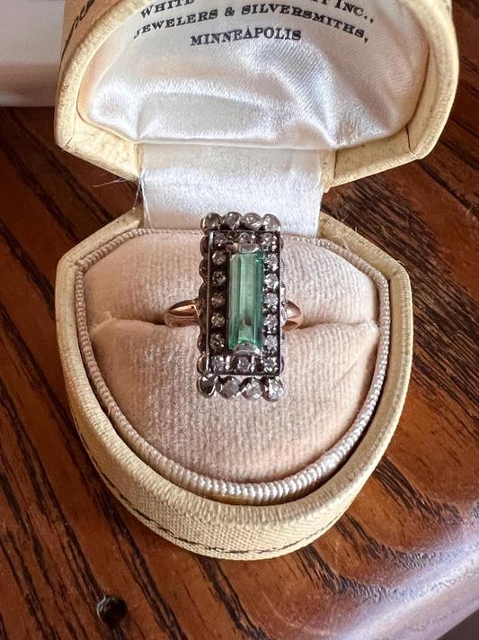 VICTORIAN Antique Emerald Cut Blue Green Tourmaline .5 Carat Rose & Single Cut Diamond Halo Panel Ring 14k Gold