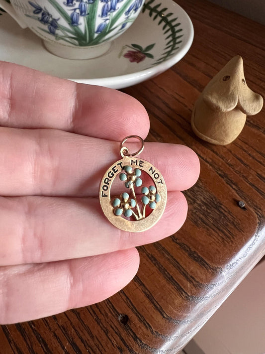 Esther's Forget Me Not Dated Engraved 14k Gold Love Medal Pendant Vintage Blue Enamel Floral Flowers Medallion Robin Egg Figural Charm