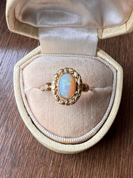 Unique OPAL Art NOUVEAU Floral Garland French Antique 18k Gold Ring Bows Laurel Leaf Berries Halo Romantic Gift Belle Epoque Figural