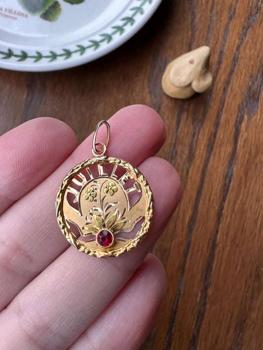 JULY Dated 1924 Floral French Antique Birthday Month 18k Gold Pendant Paste Ruby Garland Halo Belle Epoque Love Token Medal Birthday Gift