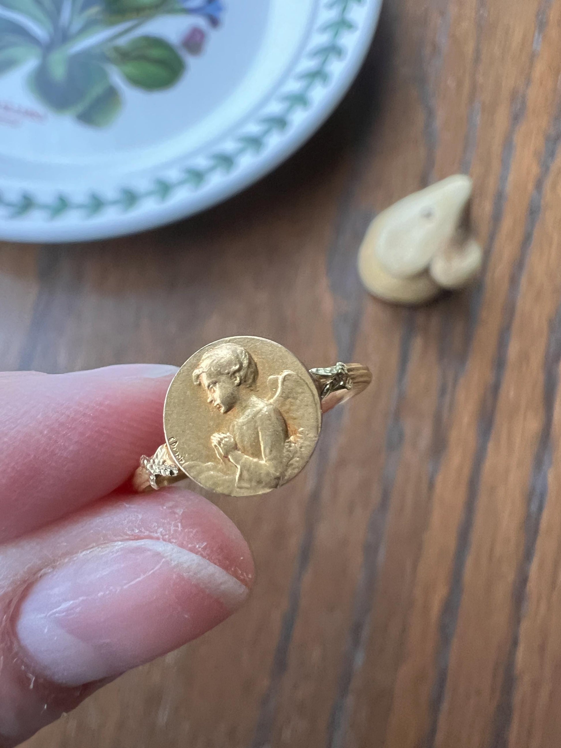 CHERUB Figural Angel Victorian Ring Art Nouveau E. Dropsy French 18k Gold Solid Protection Religious Confirmation Gift Amazing Detail