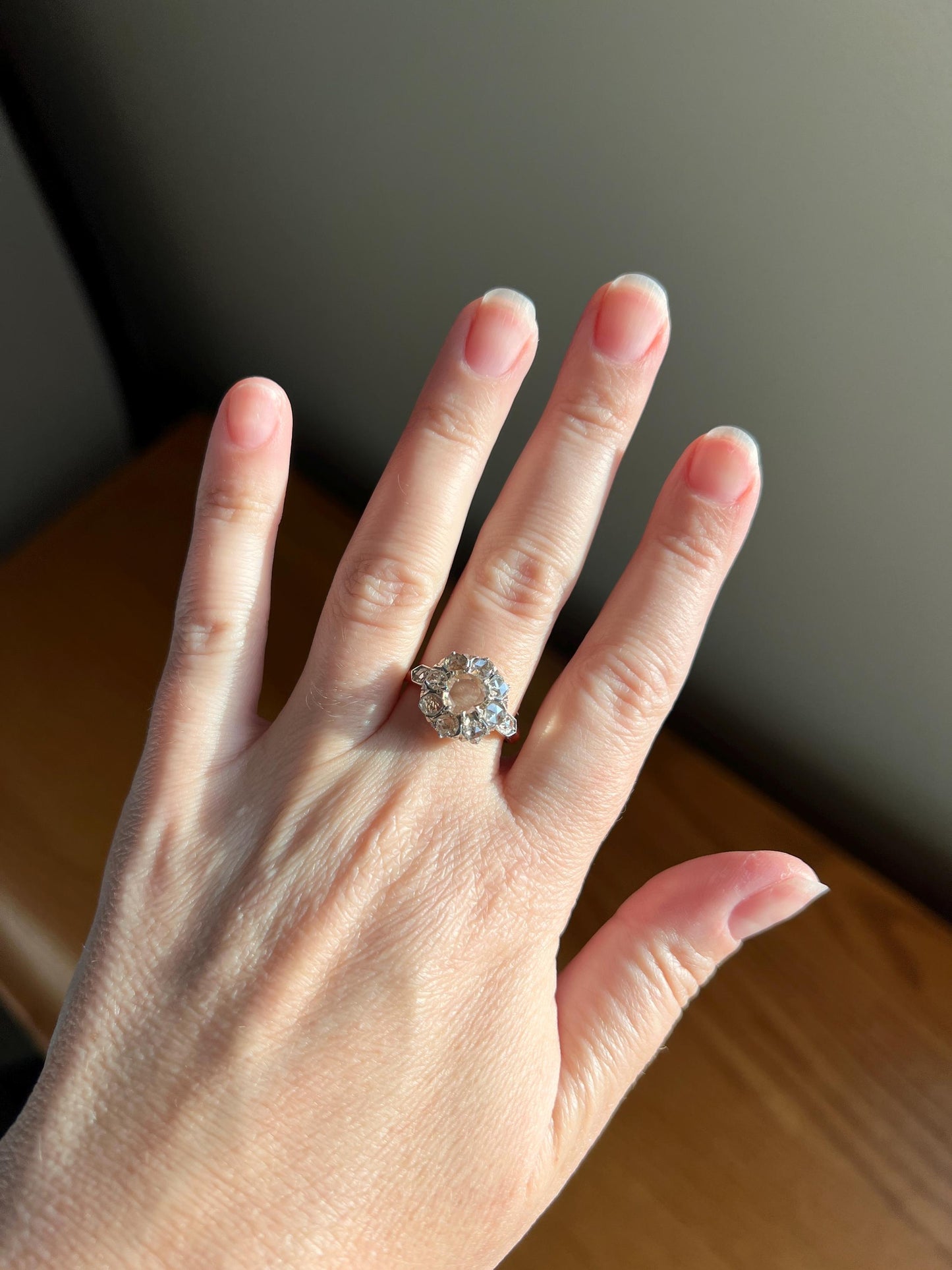 ANTIQUE 1.3 CARAT Rose Cut DIAMOND Clear Disco Daisy Cluster Ring French Victorian Era 18k Gold Platinum Stacker Romantic Gift Belle Epoque