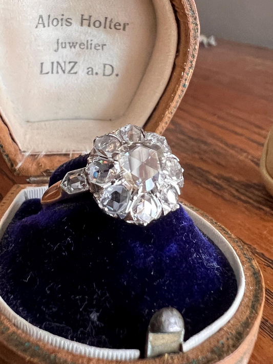 ANTIQUE 1.3 CARAT Rose Cut DIAMOND Clear Disco Daisy Cluster Ring French Victorian Era 18k Gold Platinum