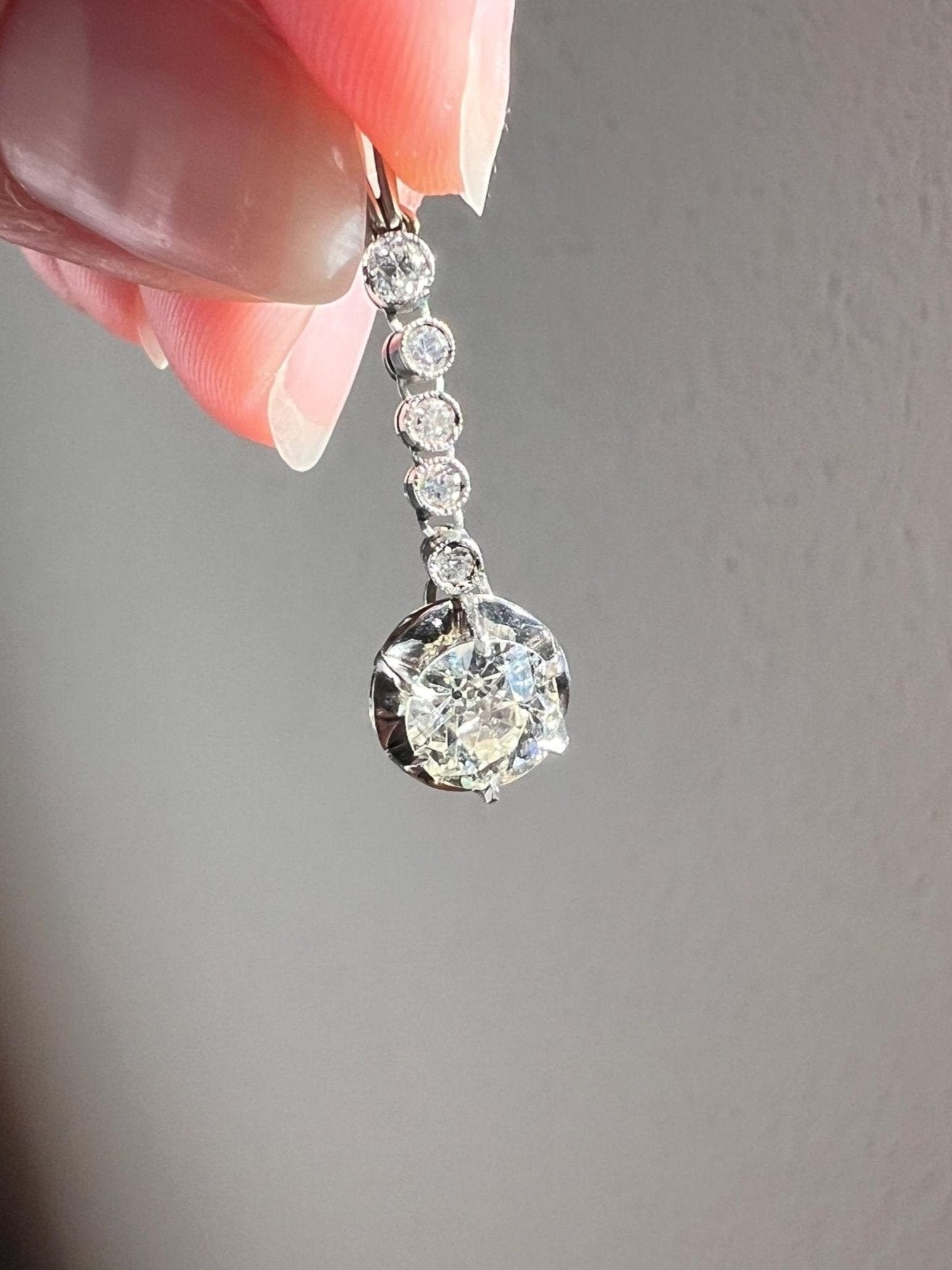 Art Deco Antique 1.15 Carat Single Old Mine Cut DIAMOND Dangle Pendant French 18k White Gold Platinum Prong and Milgrain Minimalist OMC Drop