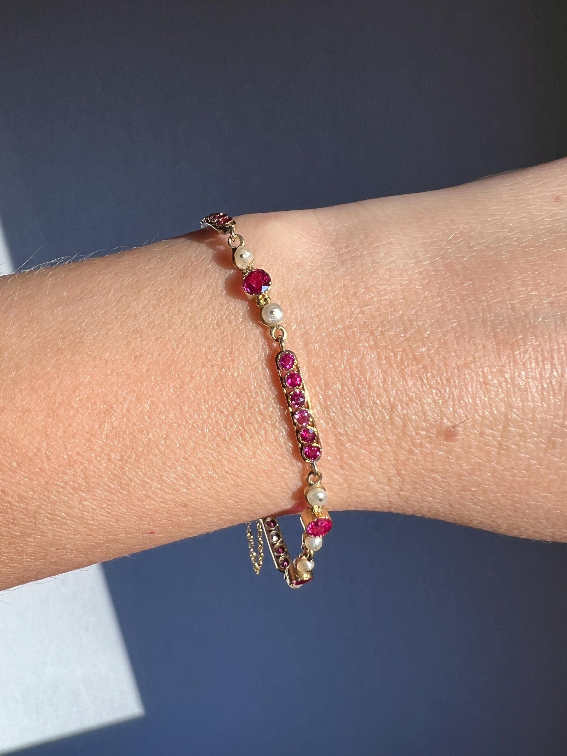 French Antique 6" RUBY Pearl Linear Panel Chain Link Bracelet 18k GOLD ViCTORIAN Belle Epoque Wriststack Gift Art Nouveau Red Pink Dainty