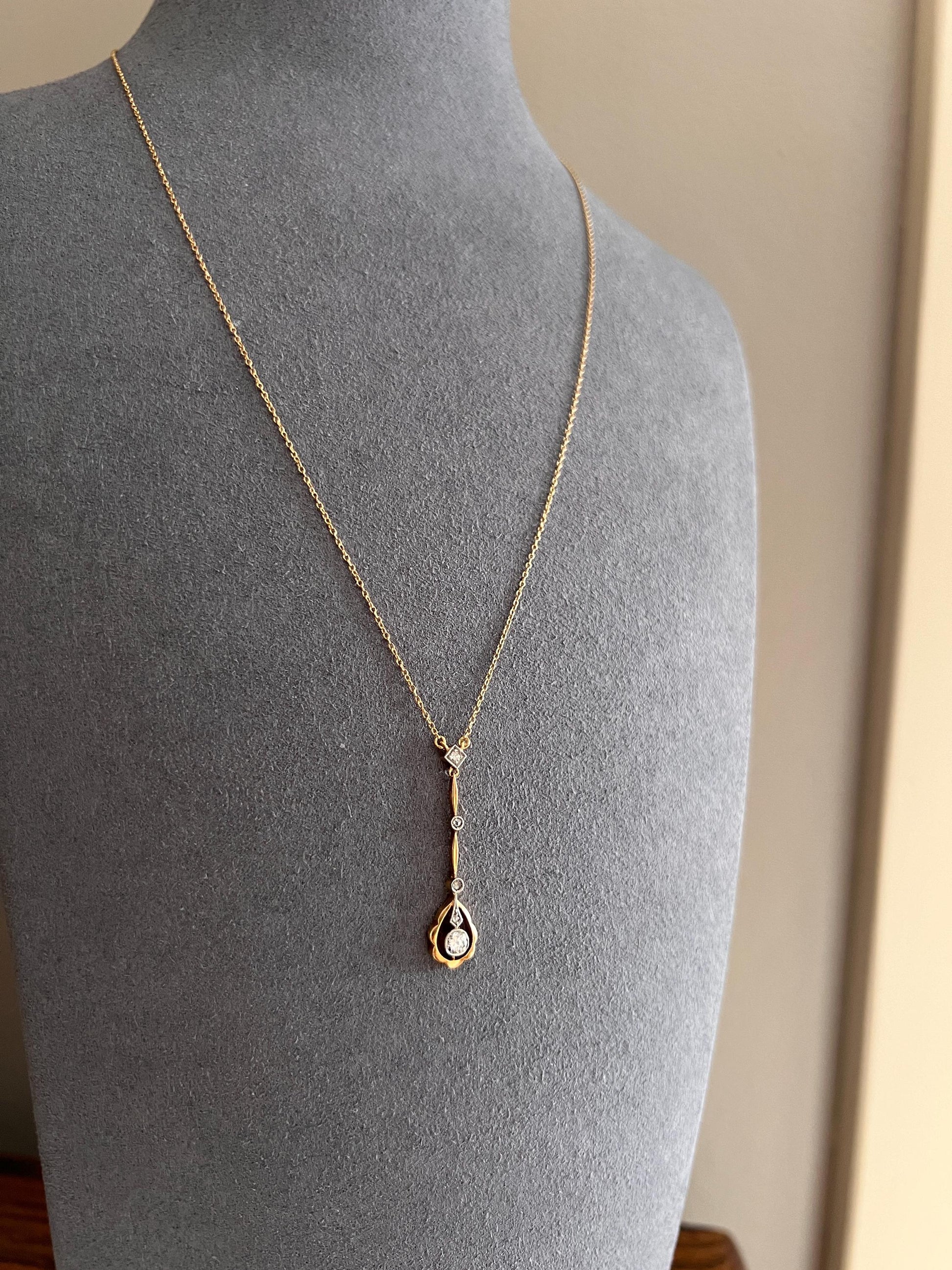 Belle Epoque Old European Mine Cut DIAMOND Dangle Necklace on 18k Gold Chain Antique Edwardian Teardrop Lavalier Dainty Romantic Gift OmC