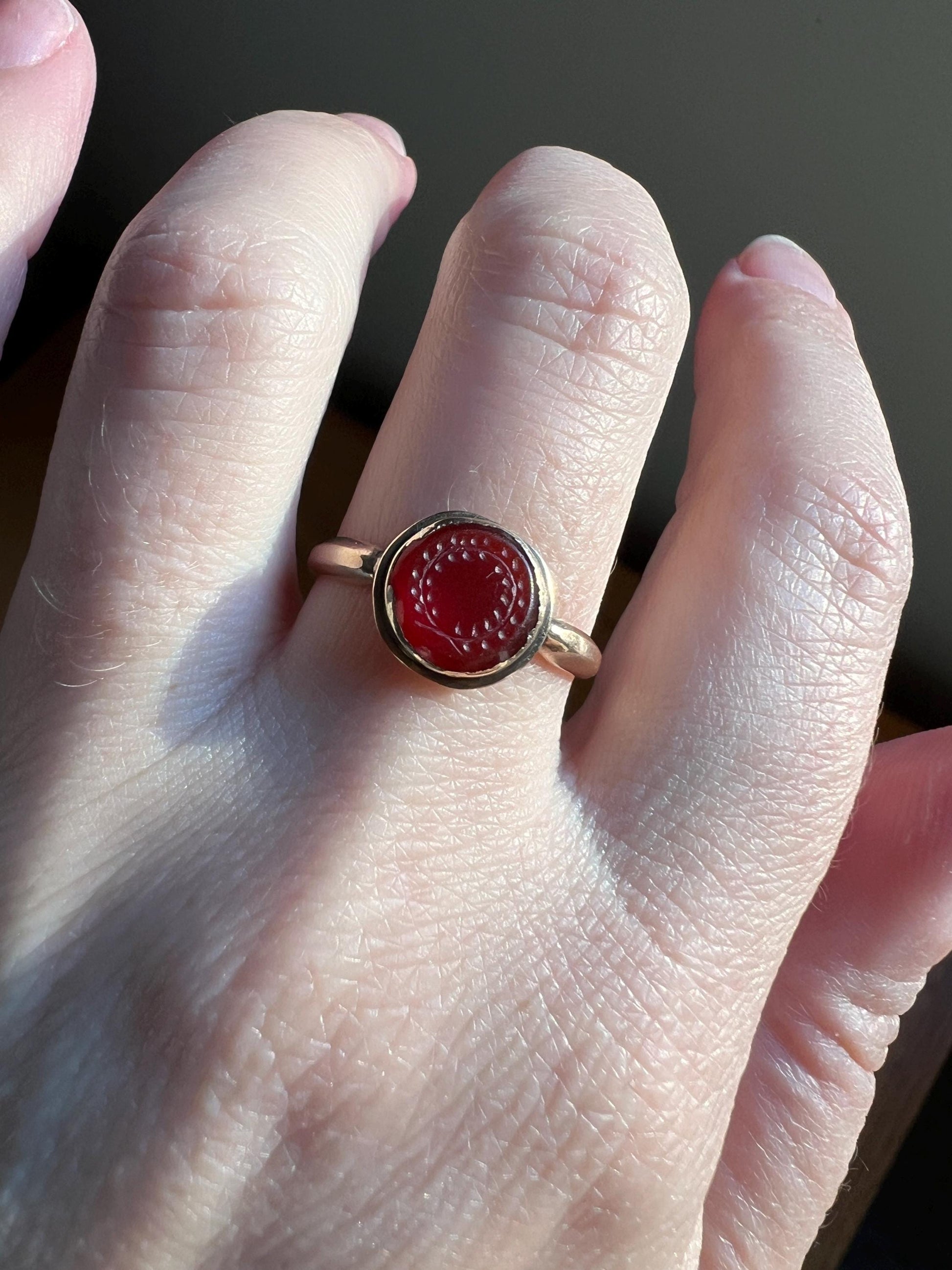 WREATH Laurel Garland Carnelian Intaglio Wax Seal Signet Ring 18k Gold French Antique Victorian Figural Engraved Christmas Holiday Gift