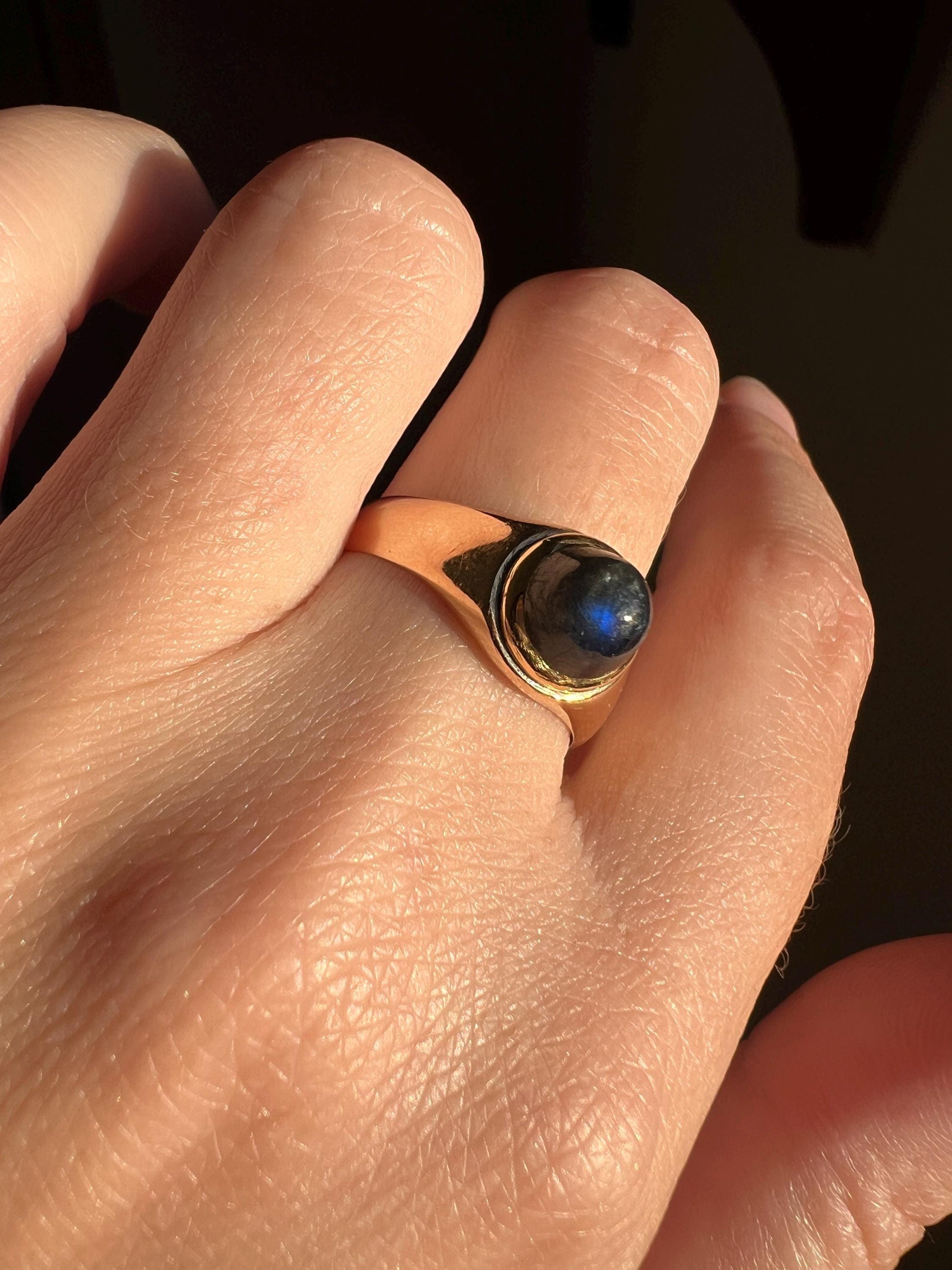 Glowing LABRADORITE Blue Sugarloaf DATED 1936 Art Deco Ring Vintage Gypsy Band Solitaire Unisex Man Tall Stacker Rare Antique Orb Aura Glow