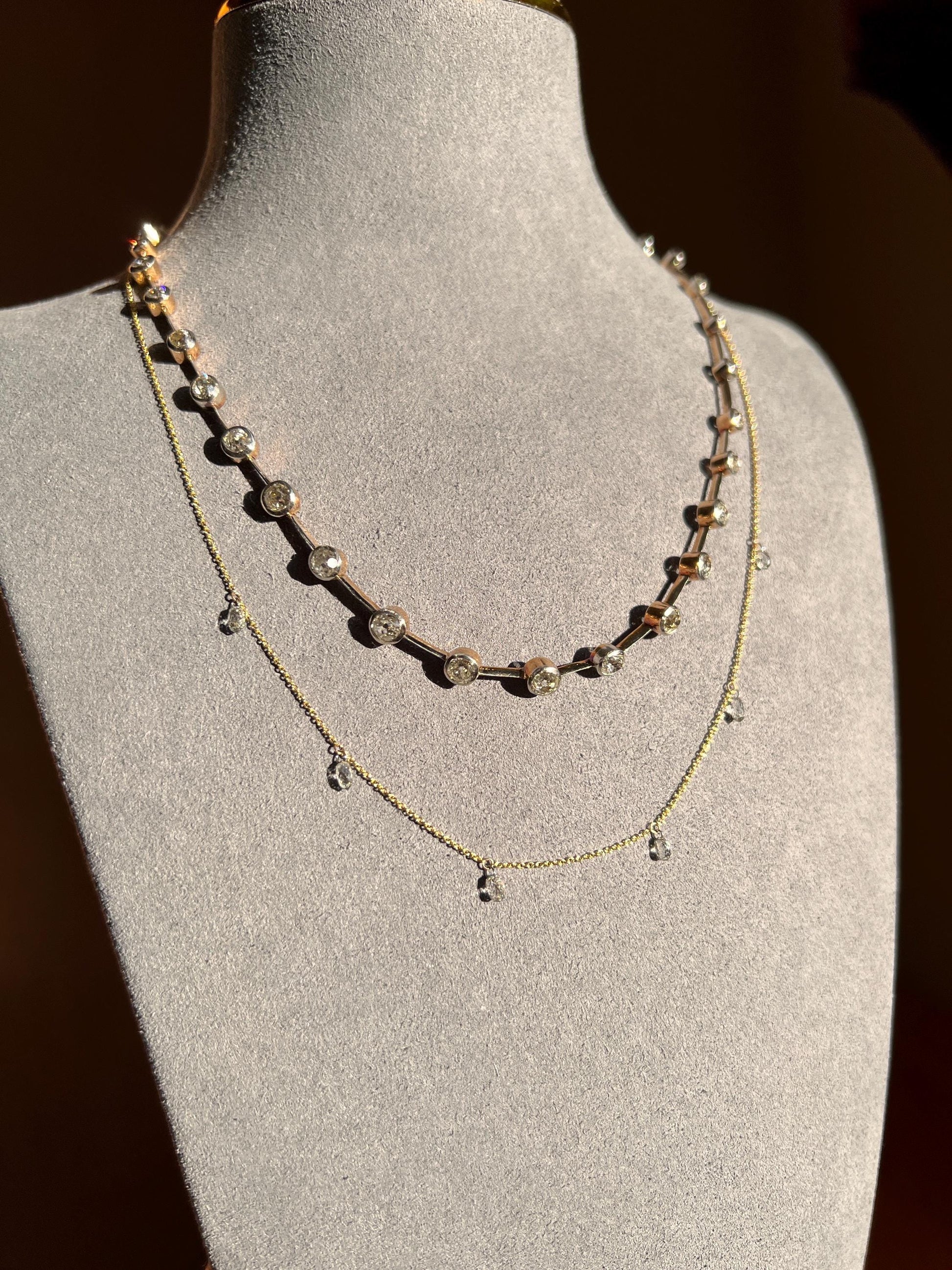 Vintage 1.2 Carat BRIOLLETTE Diamonds Multi Drop Necklace 14k Gold Chain Faceted Teardrops Dangle Pendants 3D Rose Cuts Dainty Romantic Gift
