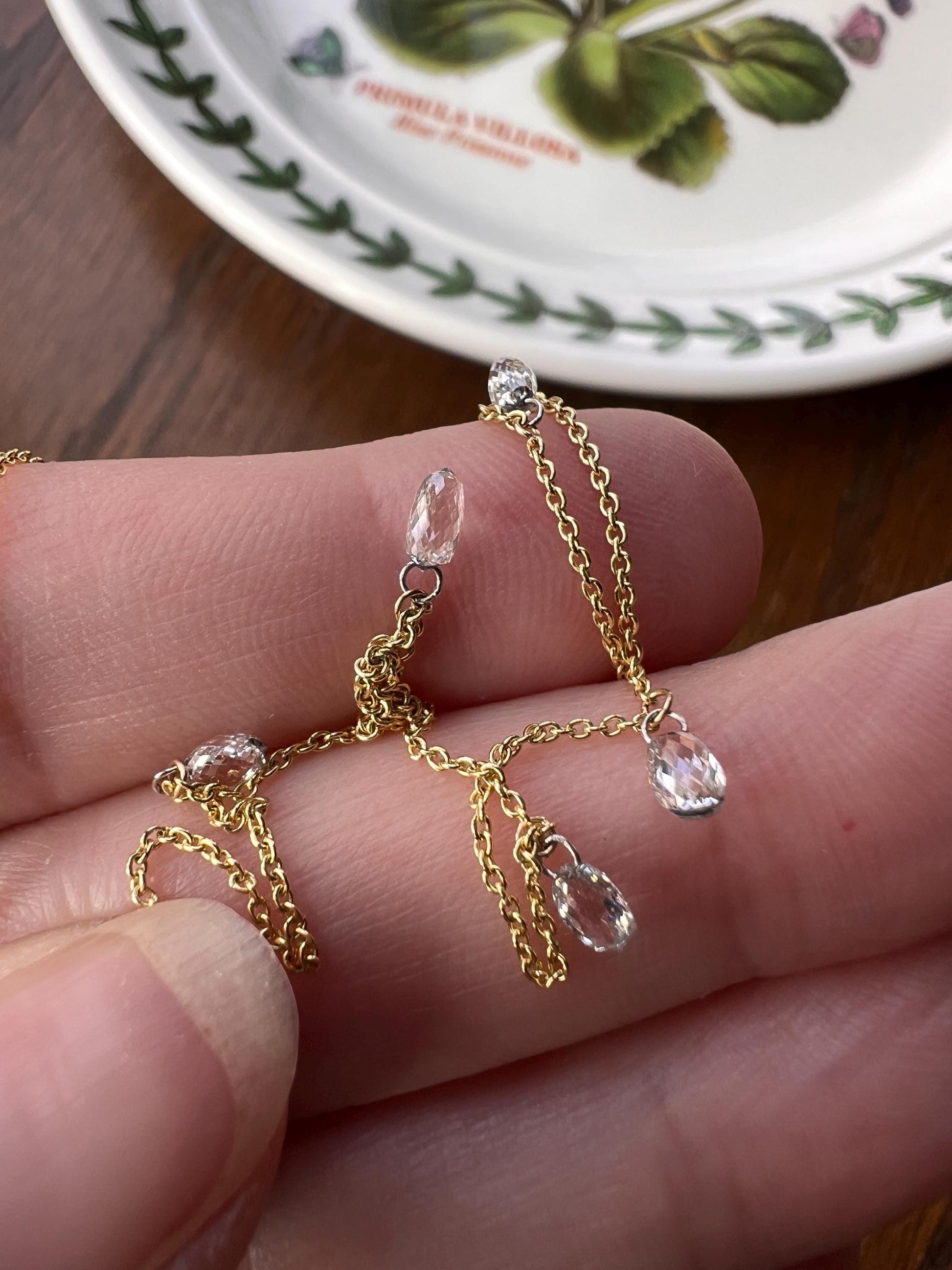 Vintage 1.2 Carat BRIOLLETTE Diamonds Multi Drop Necklace 14k Gold Chain Faceted Teardrops Dangle Pendants 3D Rose Cuts Dainty Romantic Gift