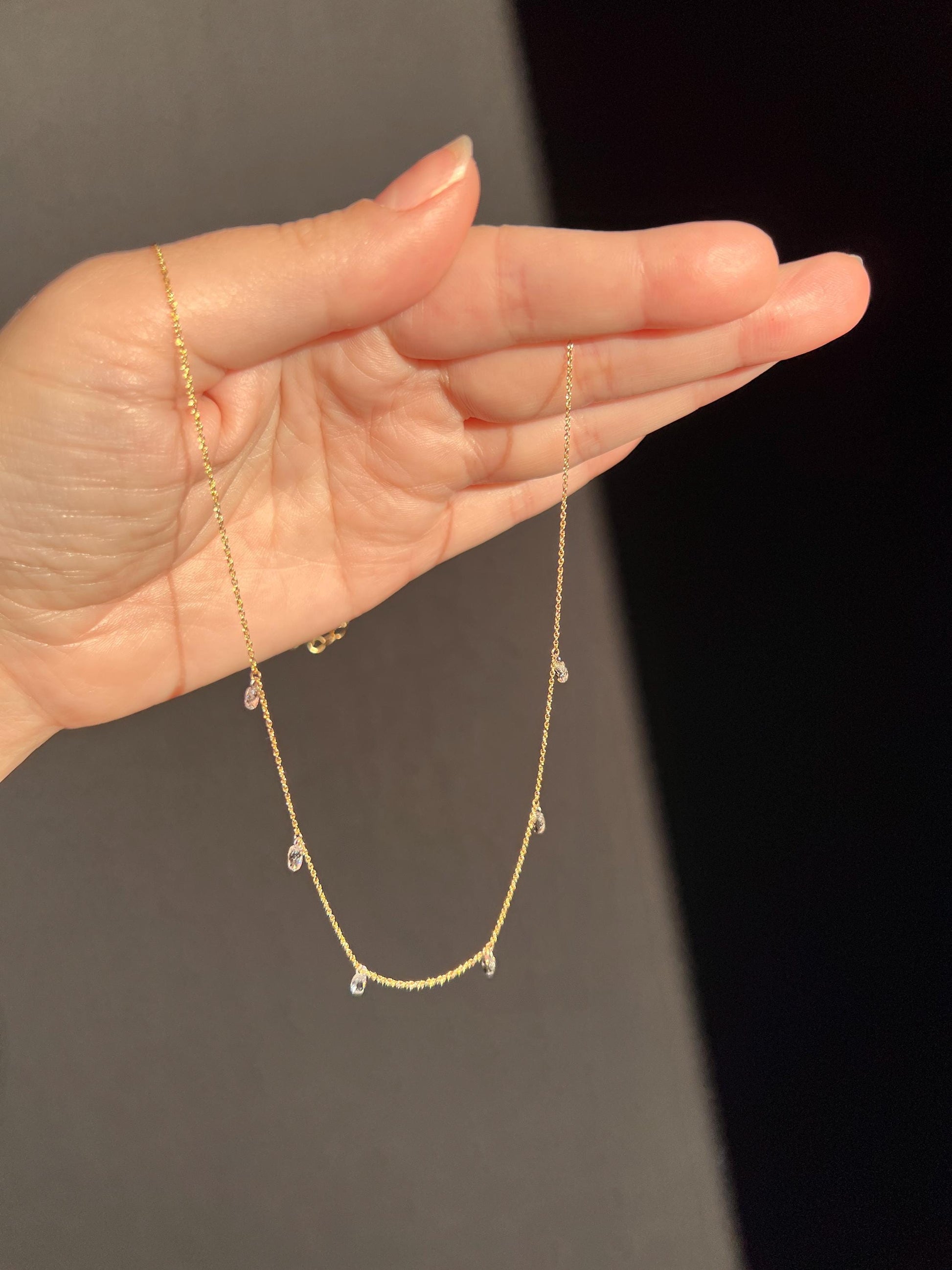 Vintage 1.2 Carat BRIOLLETTE Diamonds Multi Drop Necklace 14k Gold Chain Faceted Teardrops Dangle Pendants 3D Rose Cuts Dainty Romantic Gift