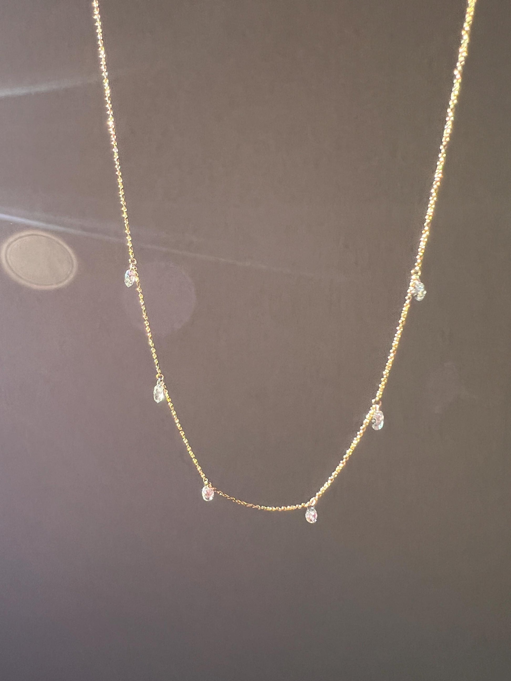 Vintage 1.2 Carat BRIOLLETTE Diamonds Multi Drop Necklace 14k Gold Chain Faceted Teardrops Dangle Pendants 3D Rose Cuts Dainty Romantic Gift