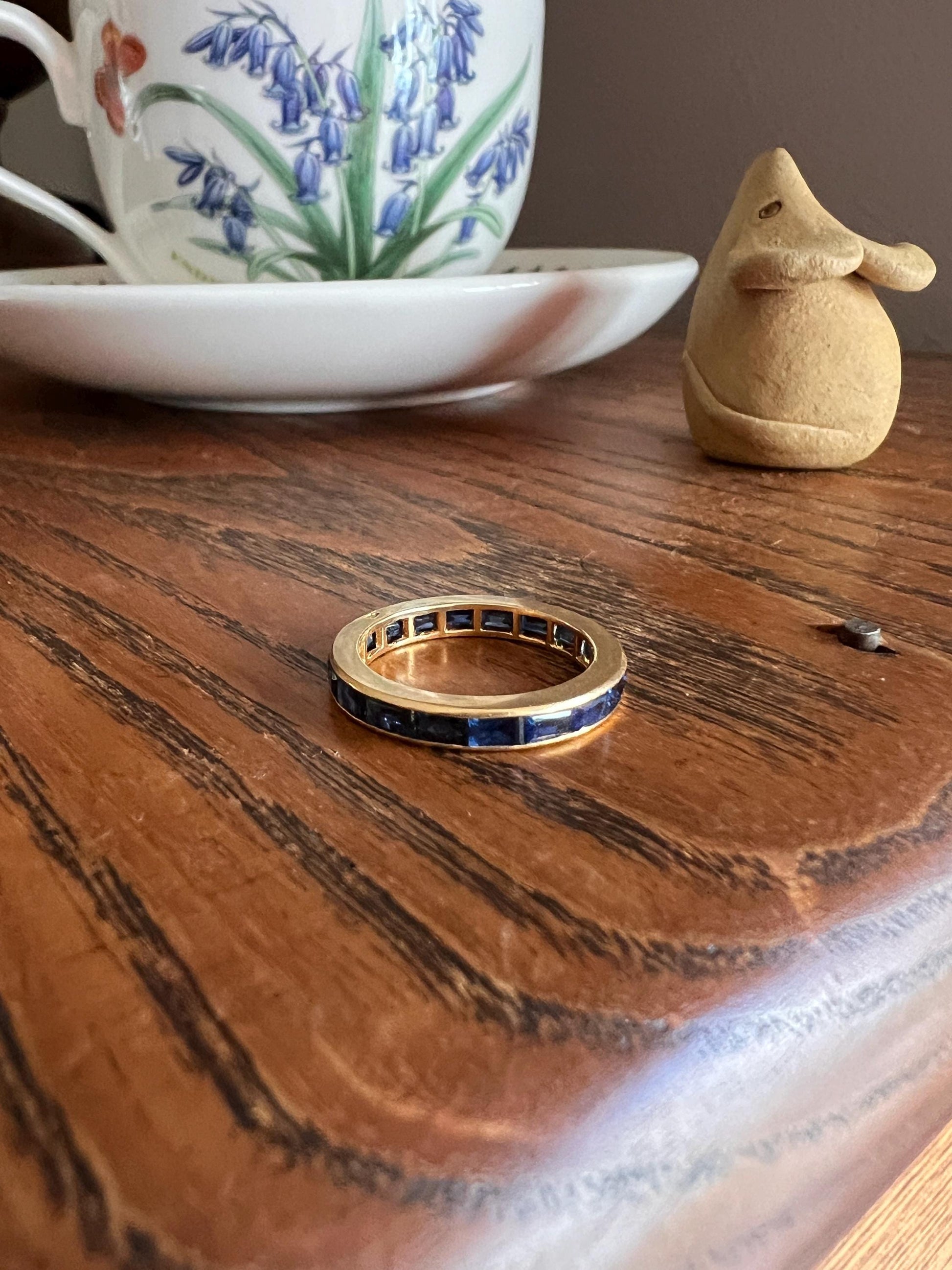 Vintage Channel Set SAPPHIRE Full ETERNITY Band Ring 18k Gold Skinny Line Stacker French Romantic Gift Rectangular Blue Pair Emerald Avail