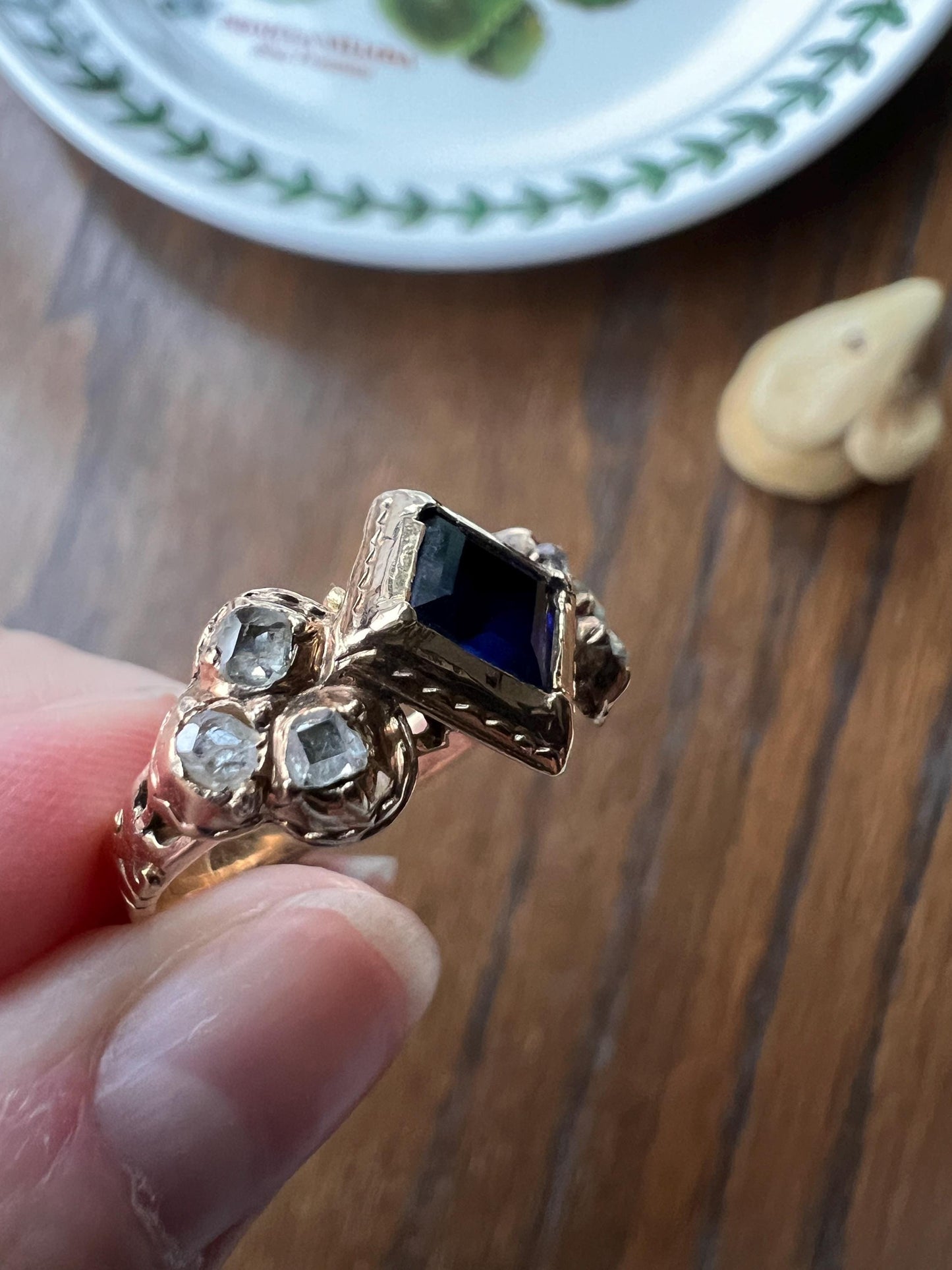 Antique Rose Table Cut DIAMOND Square Blue SAPPHIRE Seven Stone Ring Pie Crust Bezel Georgian Revival Victorian Stacker Band Romantic Gift