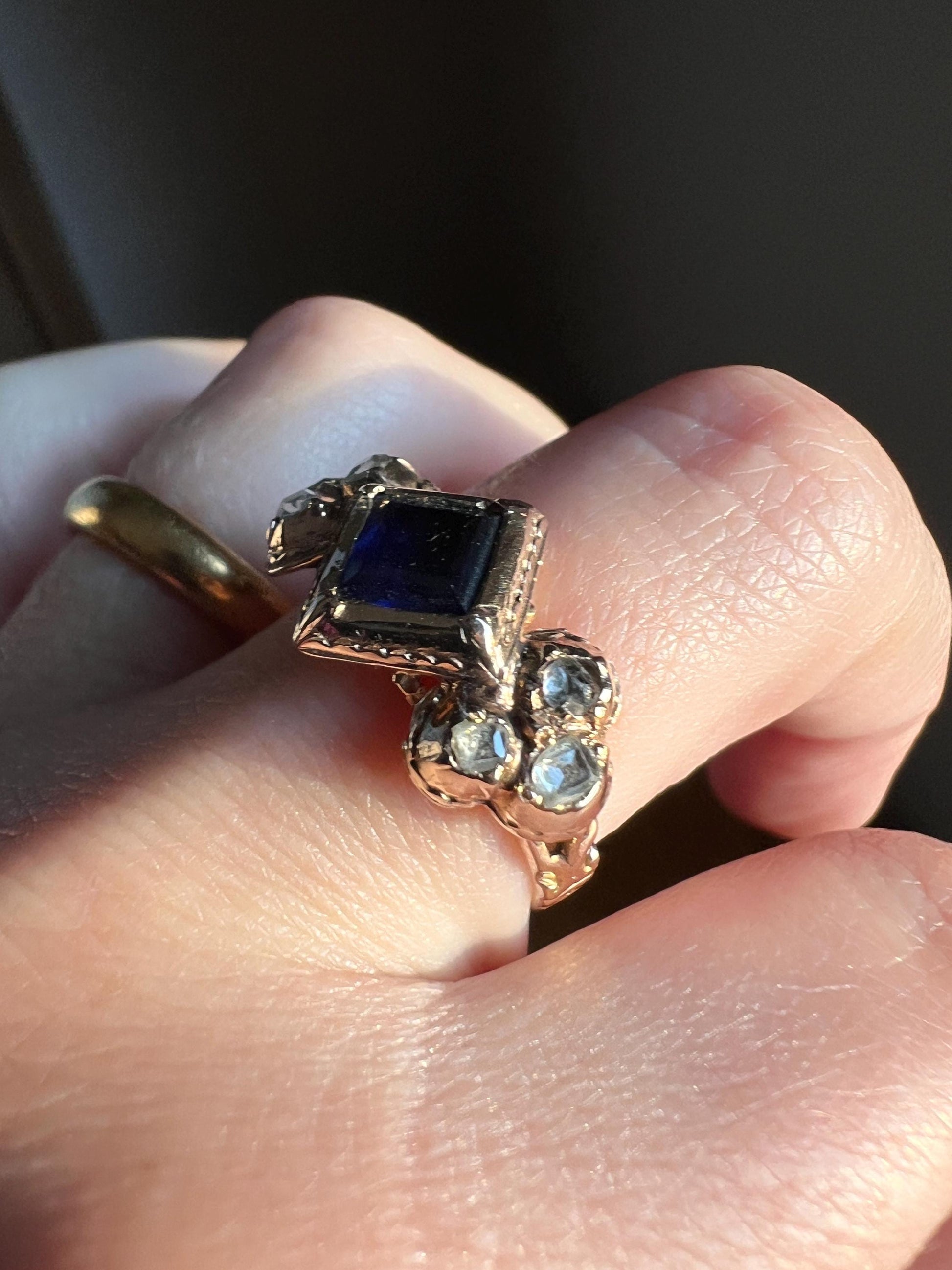 Antique Rose Table Cut DIAMOND Square Blue SAPPHIRE Seven Stone Ring Pie Crust Bezel Georgian Revival Victorian Stacker Band Romantic Gift