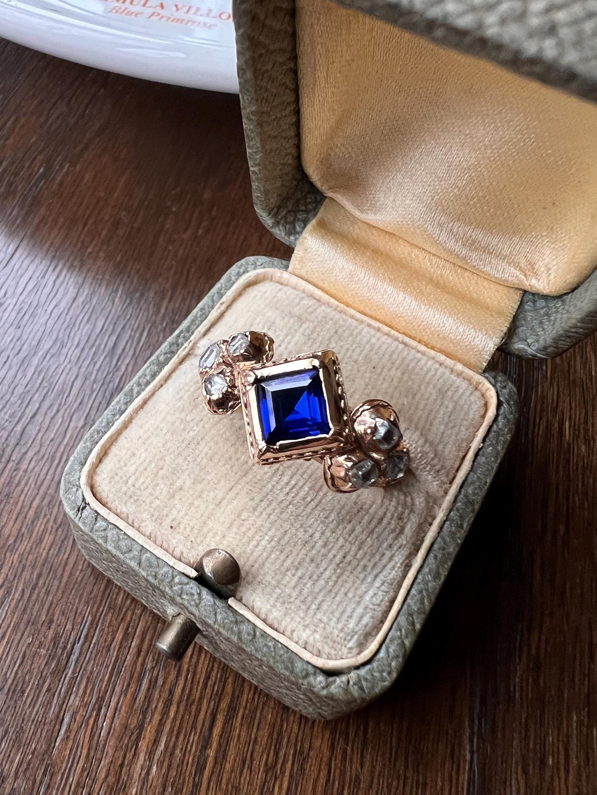 Antique Rose Table Cut DIAMOND Square Blue SAPPHIRE Seven Stone Ring Pie Crust Bezel Georgian Revival Victorian Stacker Band Romantic Gift