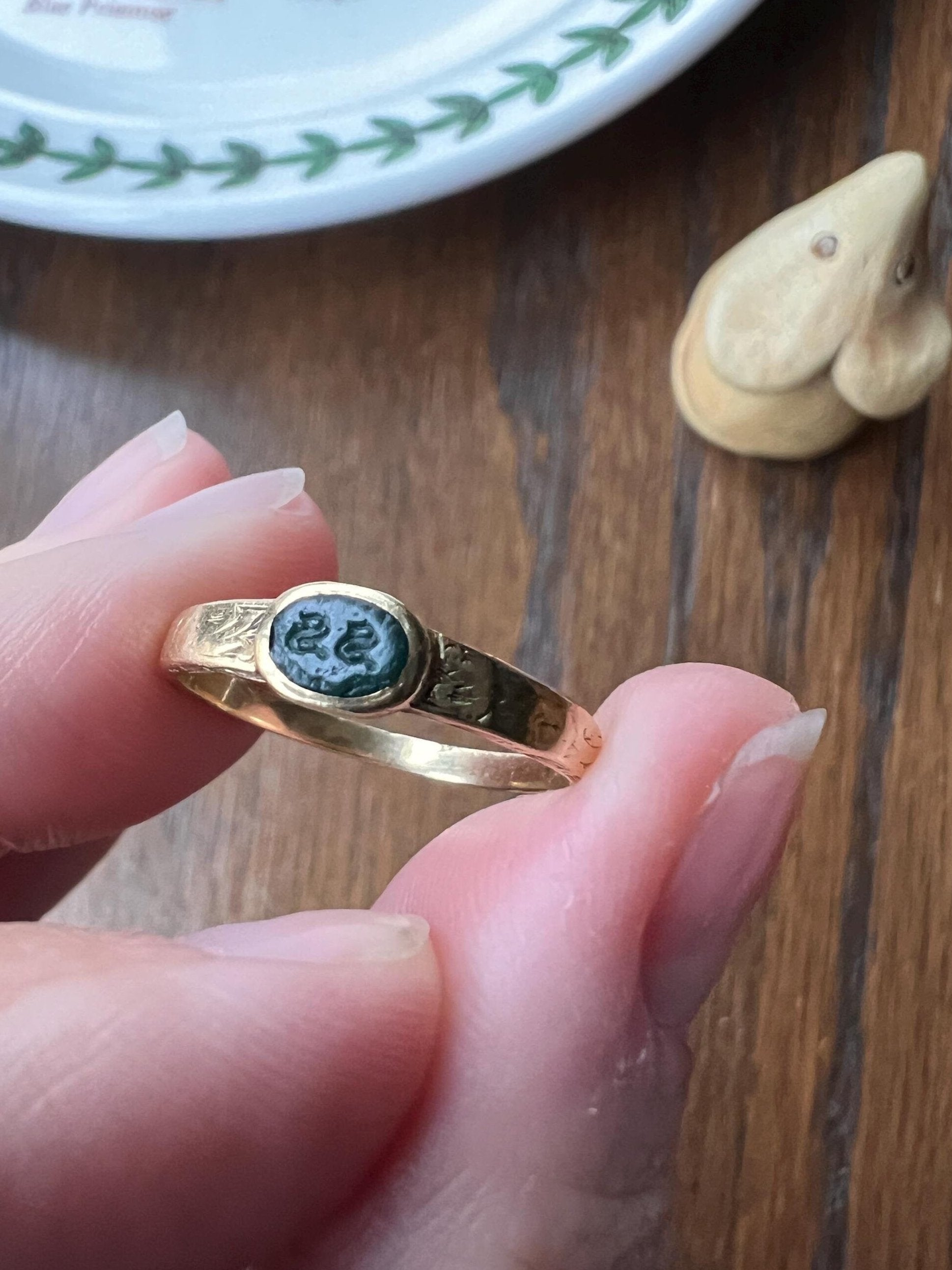 SNAKES or Ss Initials? Ornate ENGRAVED Green BLOODSTONE Victorian Skinny Band Stacker Ring 14k Gold Antique 360 Engraved Shank Unique Gift