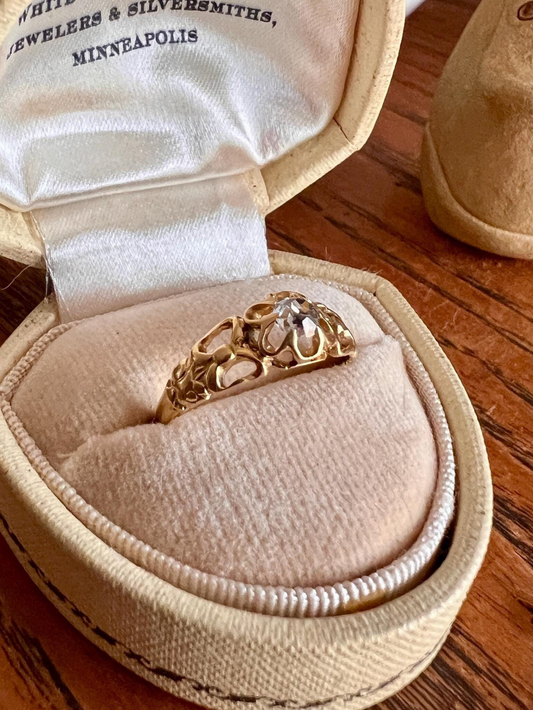 BOWS Antique Victorian Old Mine Cut DIAMOND Solitaire Ring Openwork Buttercup French 18k Gold Solid Figural Stacker Engagement