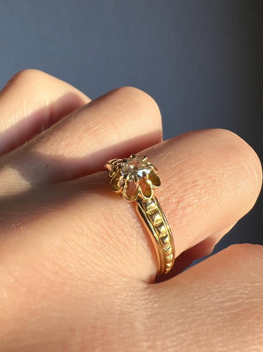 Square Rivet Antique Victorian Old Mine Cut DIAMOND Solitaire Buttercup French 18k Gold Solid Figural Stacker Romantic Gift Engagement OmC